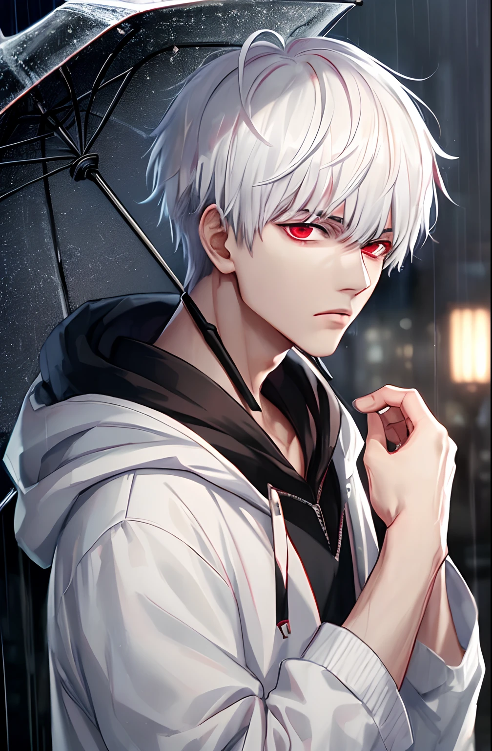kk, best quality, more details, masterpiece, 1boy, kaneki ken, portrait, male focus, red eyes, solo, bangs, looking at viewer, hood, short hair, rain, tokyo tokyo \(city\),  hood up, nail polish, white hair, luxurious, 8k, detailed, ray tracing, depth of field, cinematic lighting,