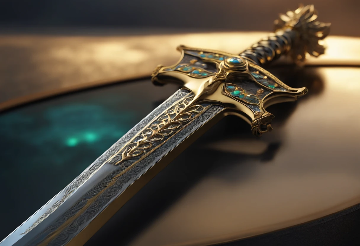 Excalibur, Exquisite handle, The sword body is delicate and exquisitely ornamented,(((The body of the sword is designed with opal and light yellow particle effect alien patterns:1.3))), Edge, (The sword body is symmetrically ornamented:1.3), (Excalibur's entire blade is centered:1.3), Mid-range close-up,(Overall silhouette:1.3),(Fantastic landscape painting:1.2), Ultra photo realism, super-fine, 8K,Premium wallpapers,Highest image quality,3D,C4D,Master masterpieces,octane rendering