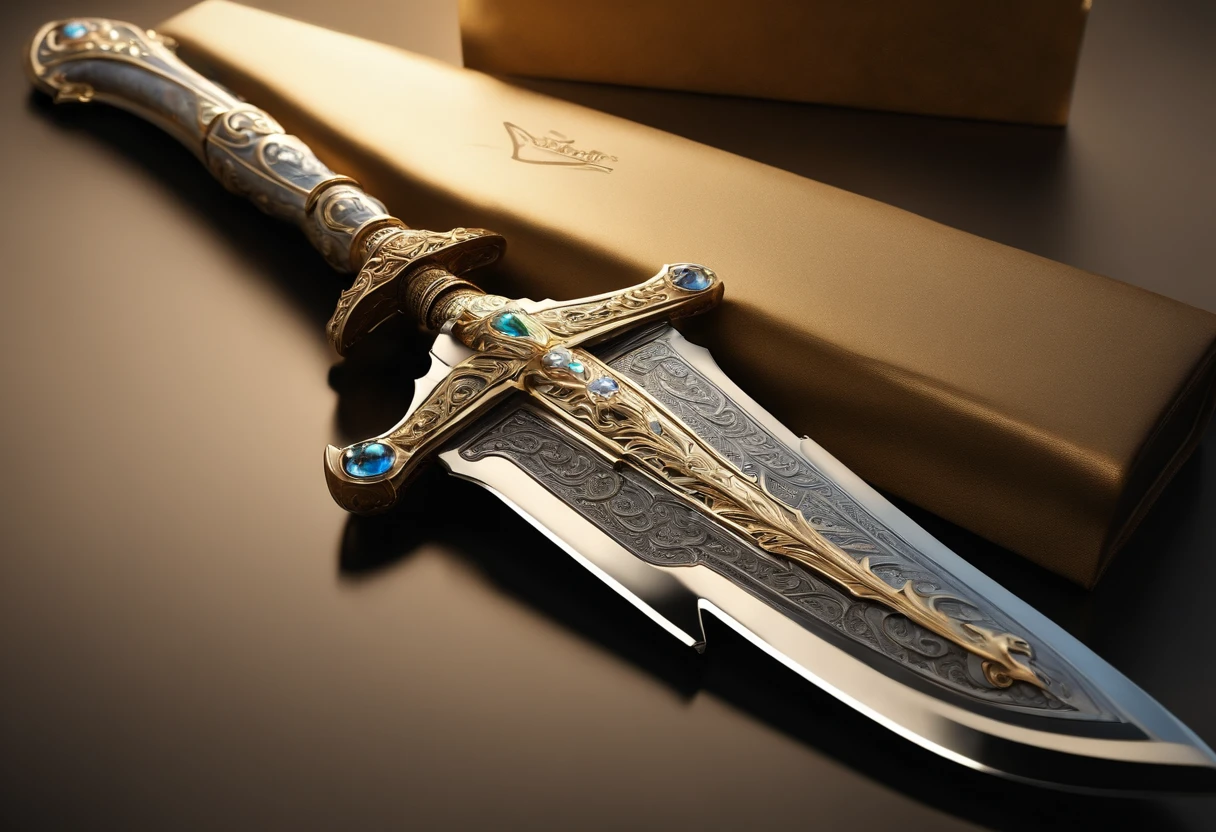 Excalibur, Exquisite handle, The sword body is delicate and exquisitely ornamented,(((The body of the sword is designed with opal and light yellow particle effect alien patterns:1.3))), Edge, (The sword body is symmetrically ornamented:1.3), (Excalibur's entire blade is centered:1.3), Mid-range close-up,(Overall silhouette:1.3),(Fantastic landscape painting:1.2), Ultra photo realism, super-fine, 8K,Premium wallpapers,Highest image quality,3D,C4D,Master masterpieces,octane rendering