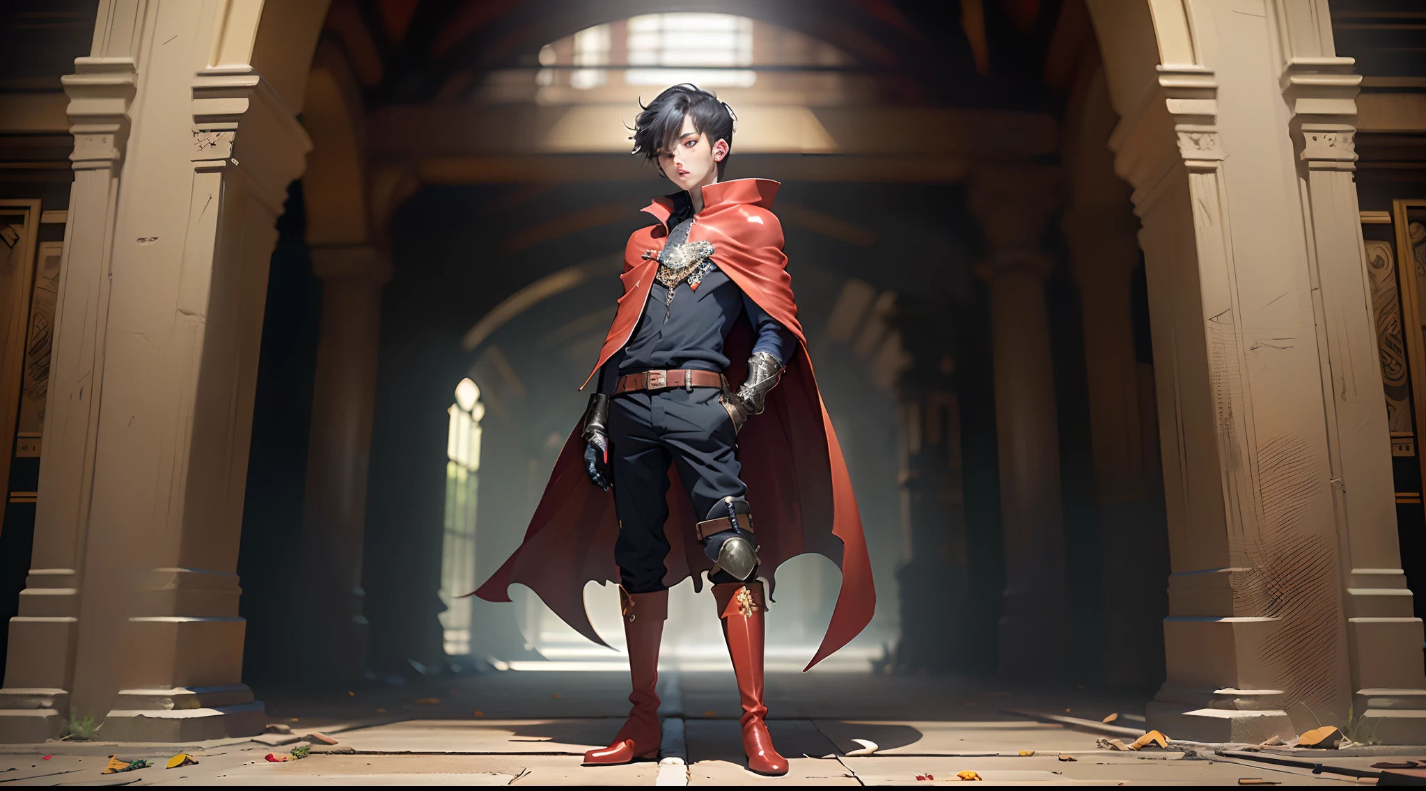 17yrs old anime boy, full standing body, black gloves, long red boots, Cape, bad ass look, confident
