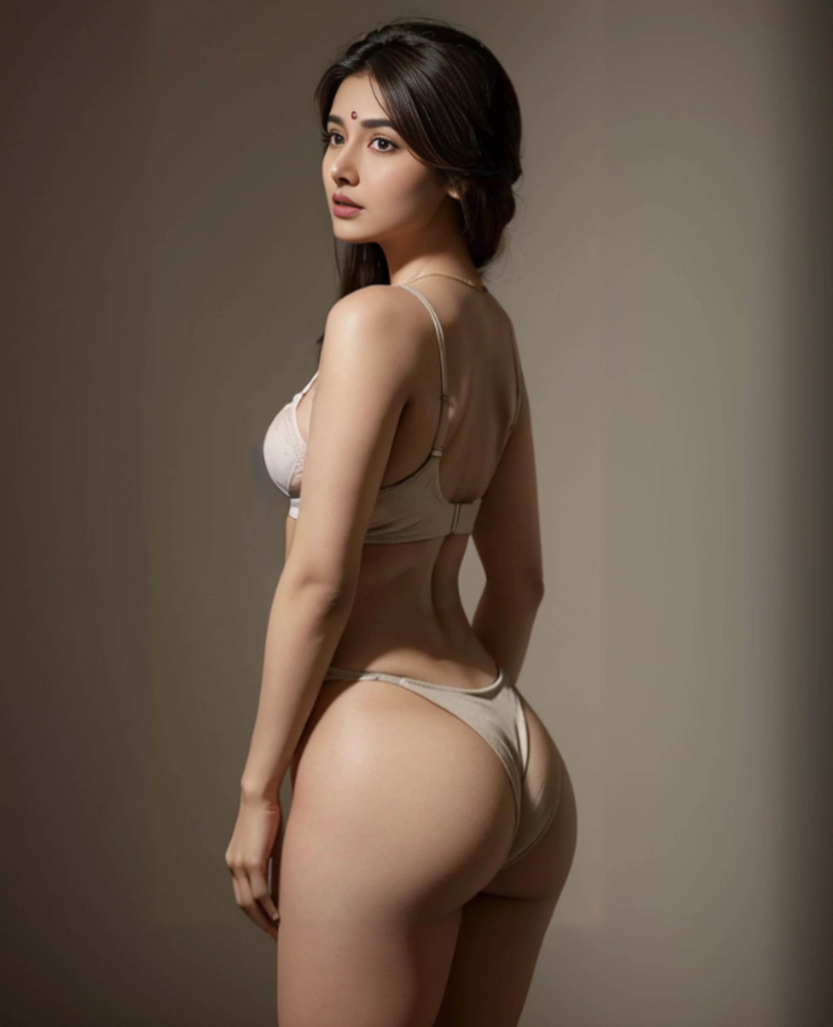 arafed woman in a white bra and panties posing for a picture, young sensual graceful, showing her shoulder from back, backview, model with attractive body, back pose, back - view, elegant sleek smooth body, from back, beautiful feminine body, 2 4 year old female model, poised beautiful body, attractive feminine curves, graceful body structure, elegant seductive pose