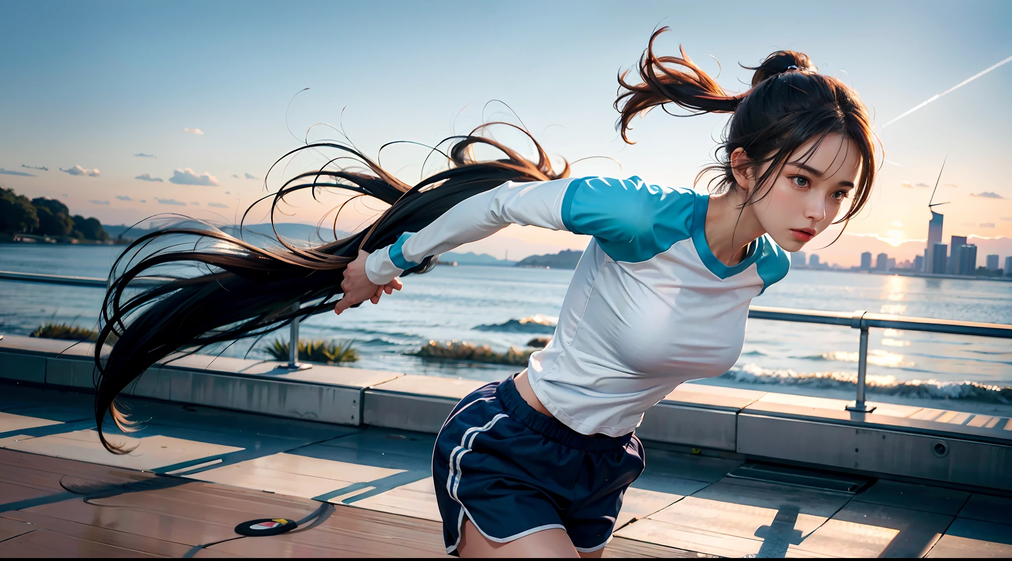 (Best quality,4K,8K,A high resolution,Masterpiece:1.2),Ultra-detailed,(Realistic,Photorealistic,photo-realistic:1.37),Sporty,sport,Energetic,Gray Track Top,Pink shorts,pony tails,hair flowing in the wind,Dreamy and ethereal atmosphere,Smooth and elegant movements,Capture the essence of her athletic ability and energy,Light and pastel tones,Running action,The wind blew through her ponytail and clothes,scenic environment,outdoor environment,Detailed background,Modern metropolis