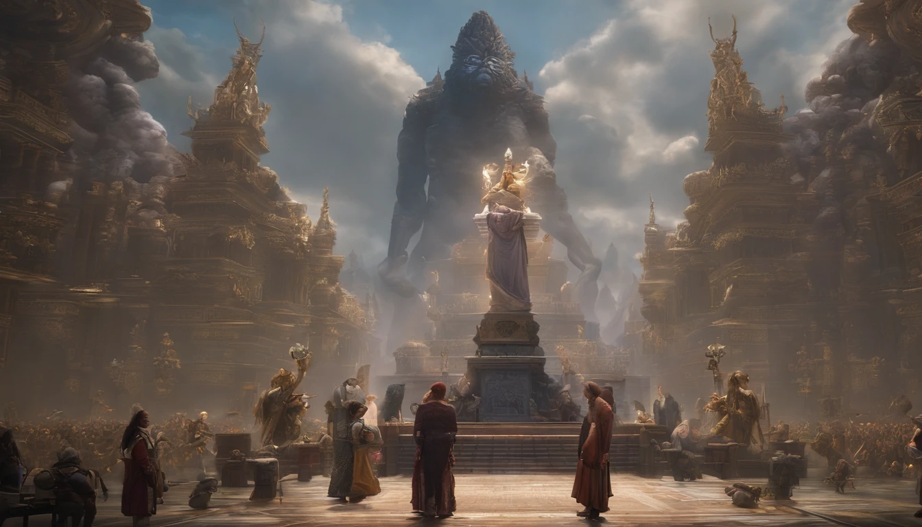 Stuart Lippincott style,God Online,in awe,Light,The sacred world,Floating huge futuristic statues,Skysky,Awe-inspiring and peaceful,Detailed composition,Subtle geometric elements,refuge,Fresh and soft atmosphere,amber hues,A huge statue surrounded by villains,Fluid,Powerful,Small size,Yuri Shudov style,Philip McKay style,Works of masters,超詳細,HighestQuali,8K