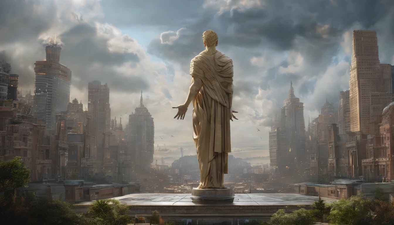 Stuart Lippincott style,God Online,in awe,Light,The sacred world,Floating huge futuristic statues,Skysky,Awe-inspiring and peaceful,Detailed composition,Subtle geometric elements,refuge,Fresh and soft atmosphere,amber hues,A huge statue surrounded by villains,Fluid,Powerful,Small size,Yuri Shudov style,Philip McKay style,Works of masters,超詳細,HighestQuali,8K