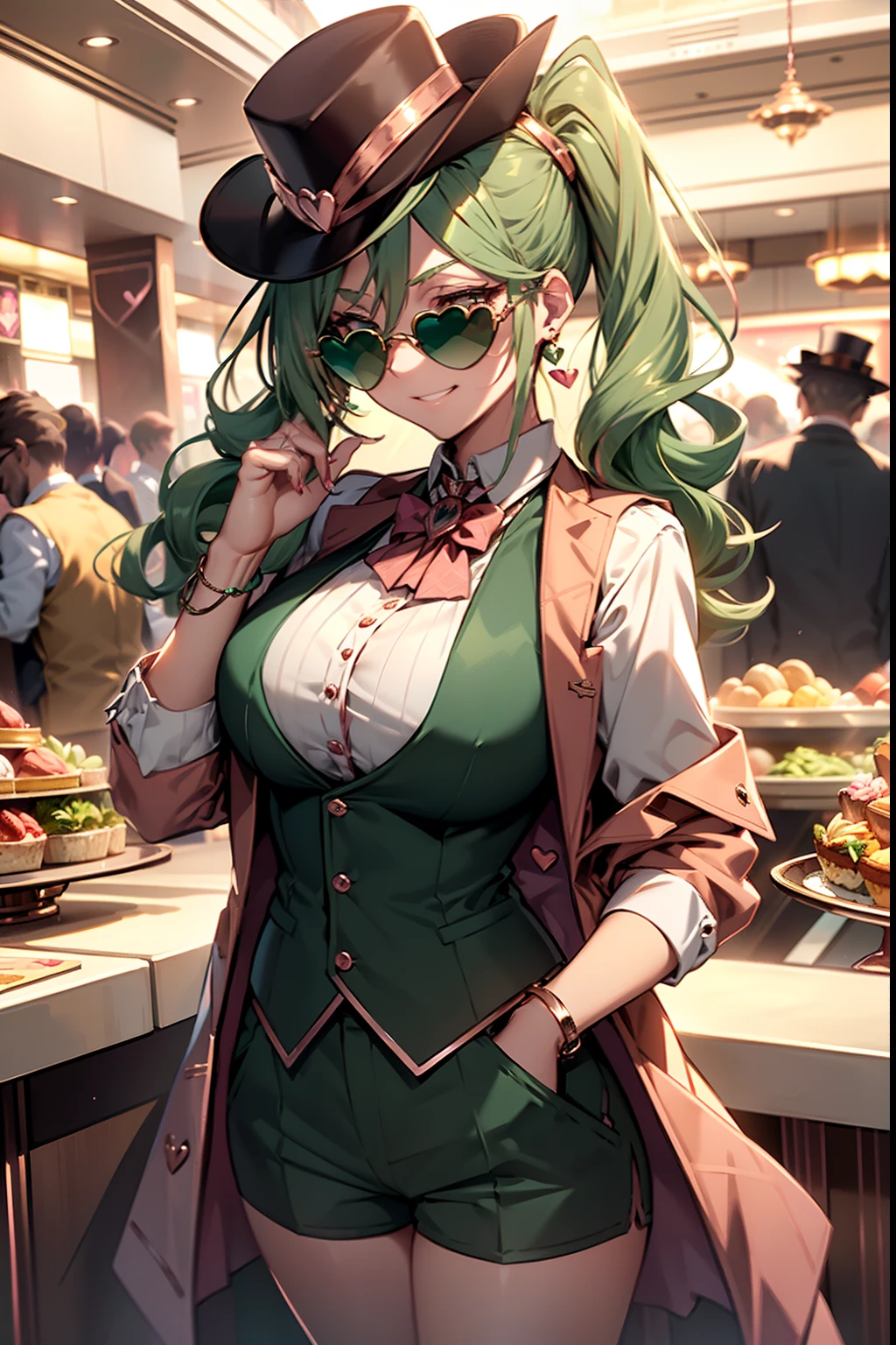 "green hair done in pigtails, pink eyes, sly grin, cutesy, rose-gold earrings, ((dark green suit)), ((rosegold vest)), white shirt, bowtie, ((rosegold shorts)), white gloves, green top hat, ((heart-shaped sunglasses)), (looking away, looking offscreen from the viewer), standing in a luxurious casino with a drink in her hands"