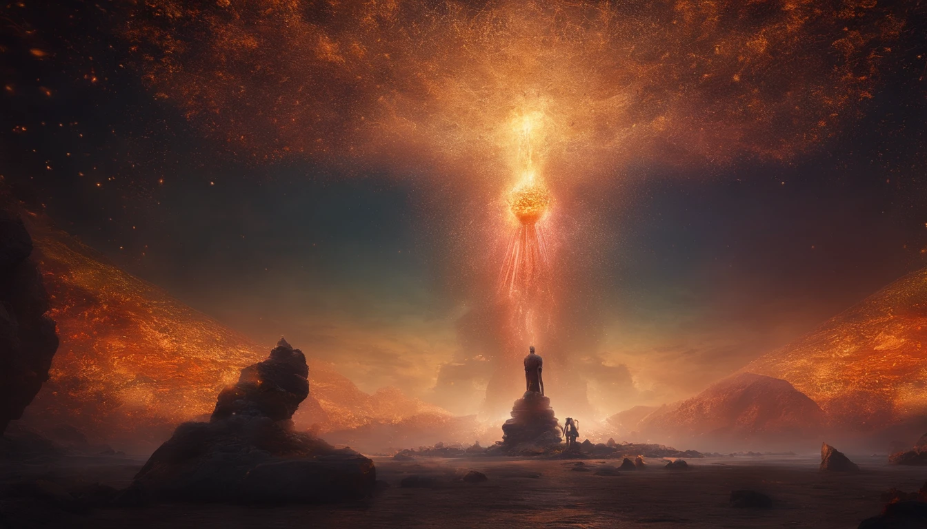 Stuart Lippincott style，God Online，in awe，Light，The sacred world，Floating huge futuristic statues，Skysky，Awe-inspiring and peaceful，Detailed composition，Subtle geometric elements，refuge，Fresh and soft atmosphere，amber hues，A huge statue surrounded by villains，Fluid，Powerful，Small size，Yuri Shudov style，Philip McKay style，Works of masters，超詳細，HighestQuali，8K