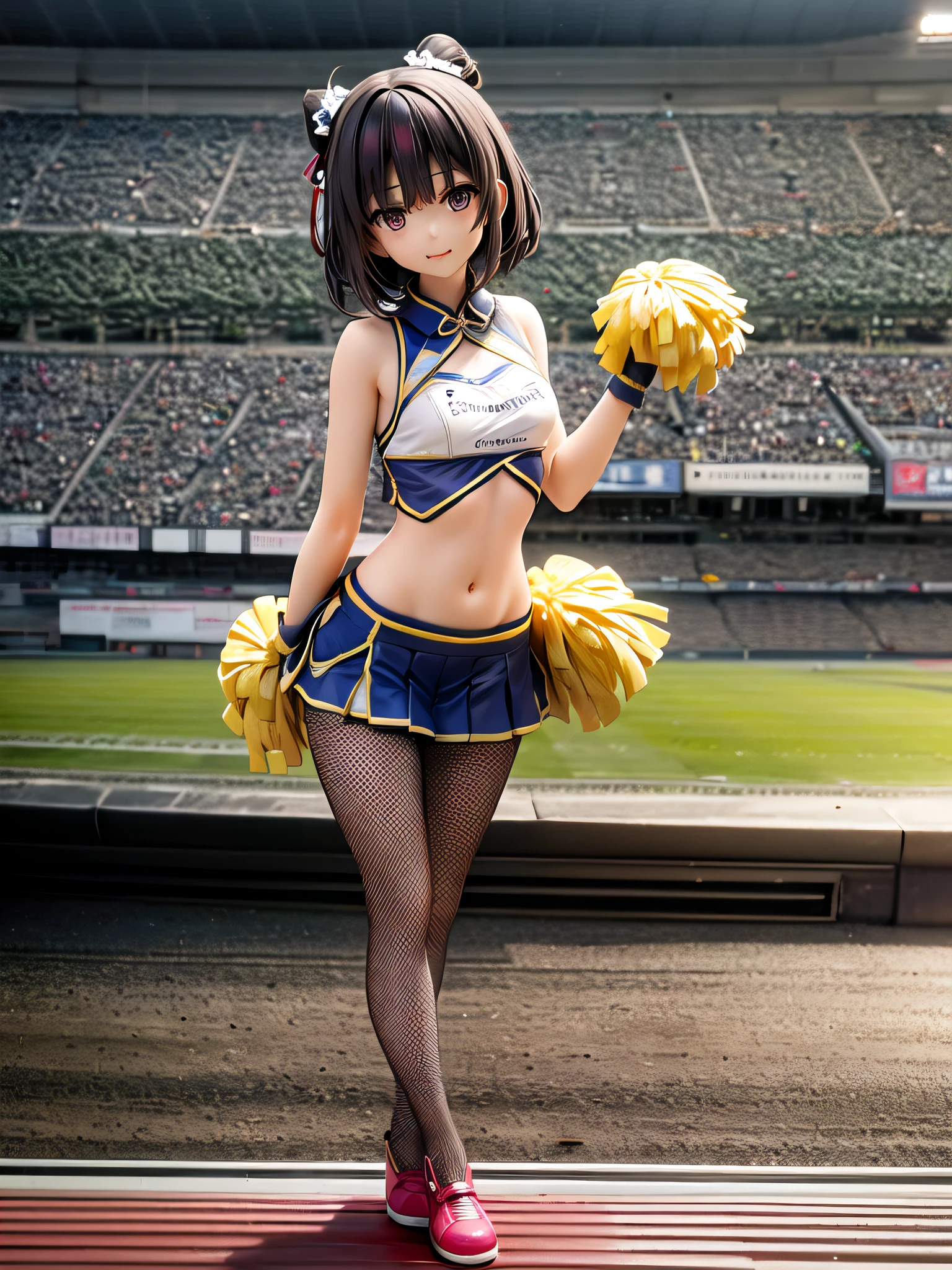 （Lewd cheerleader:1.3）、(Cheering seats in the stadium:1.5)、(tiny chest:1.1)、extremely delicate and beautiful,visual impact, grow,The ultra -The high-definition, Raw photography, top-quality, hight resolution, (​masterpiece), (Photorealsitic:1.4), Anime Cosplay, foco nítido, nffsw,Unity 8k壁纸, intricate detailes, depth of fields,nffsw,amazing, contour deepening,front lit,Oil Highlights, girl with, beautiful countenance、full body Esbian、Very detailed background,ssmile、(A slender:1.5)、see -through、Holding a big cheerleading pom-pom in your hand、Wearing a cheerleading costume、support