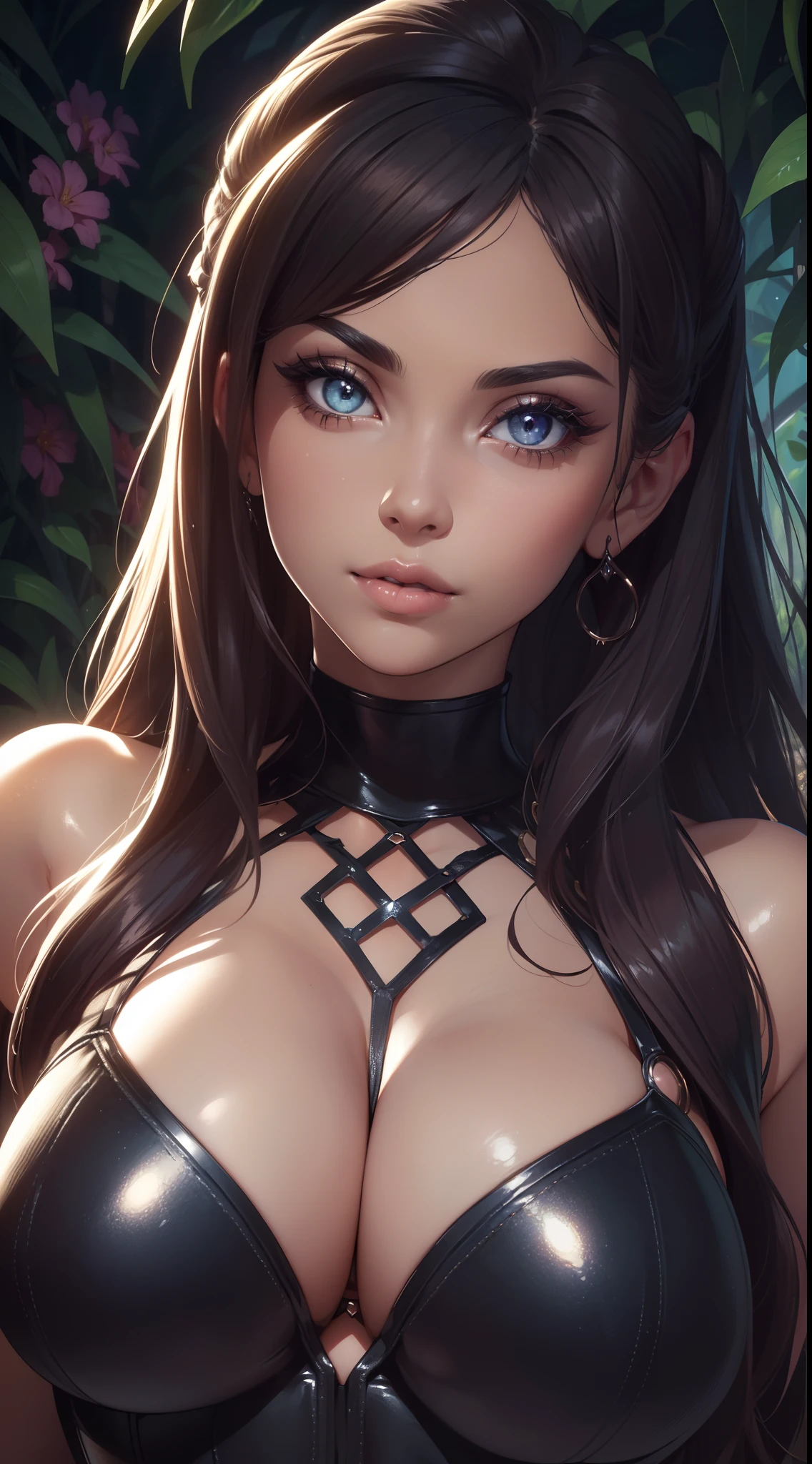 (best quality,4k,8k,highres,masterpiece:1.2),ultra-detailed,realistic,sexy girl,beautiful detailed eyes,beautiful detailed lips,extremely detailed eyes and face,long eyelashes,sensual expression,dark curly hair,gorgeous appearance,confident pose,provocative attire,stunning figure,colorful garden background,soft lighting,artistic rendering,subtle color palette,feminine aesthetic