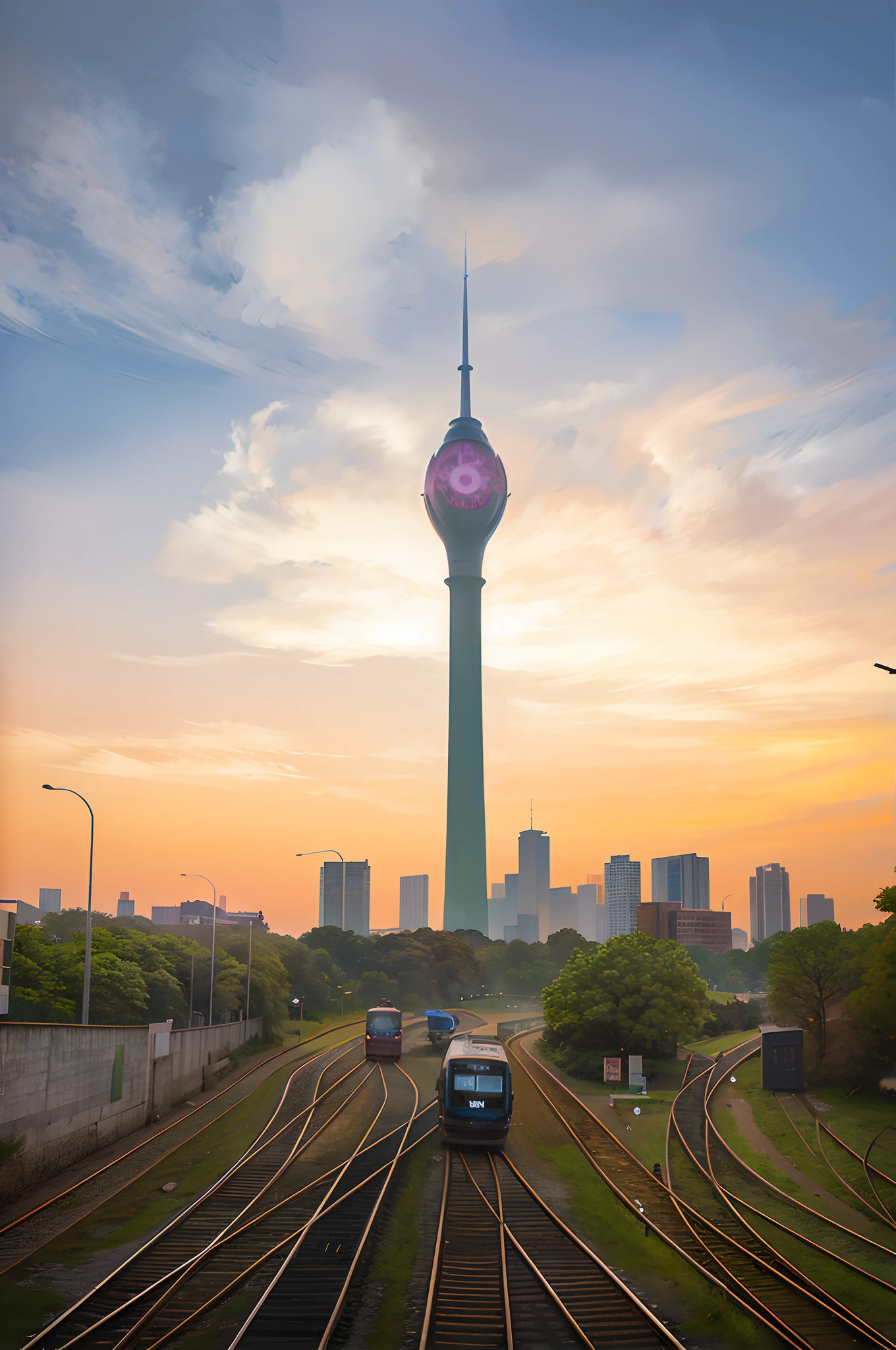 Style: Concept art. The scene: Futuristic cityscapes with towering skyscrapers and sleek aerodynamic vehicles speeding through the air. High-resolution OLED GUI interfaces in the building's windows are filled with transparent data visualization infographics showing everything from weather patterns to traffic flow. Colors are saturated and vibrant, with warm pinks and purples dominating the skyline. The overall effect is both beautiful and awe-inspiring.
