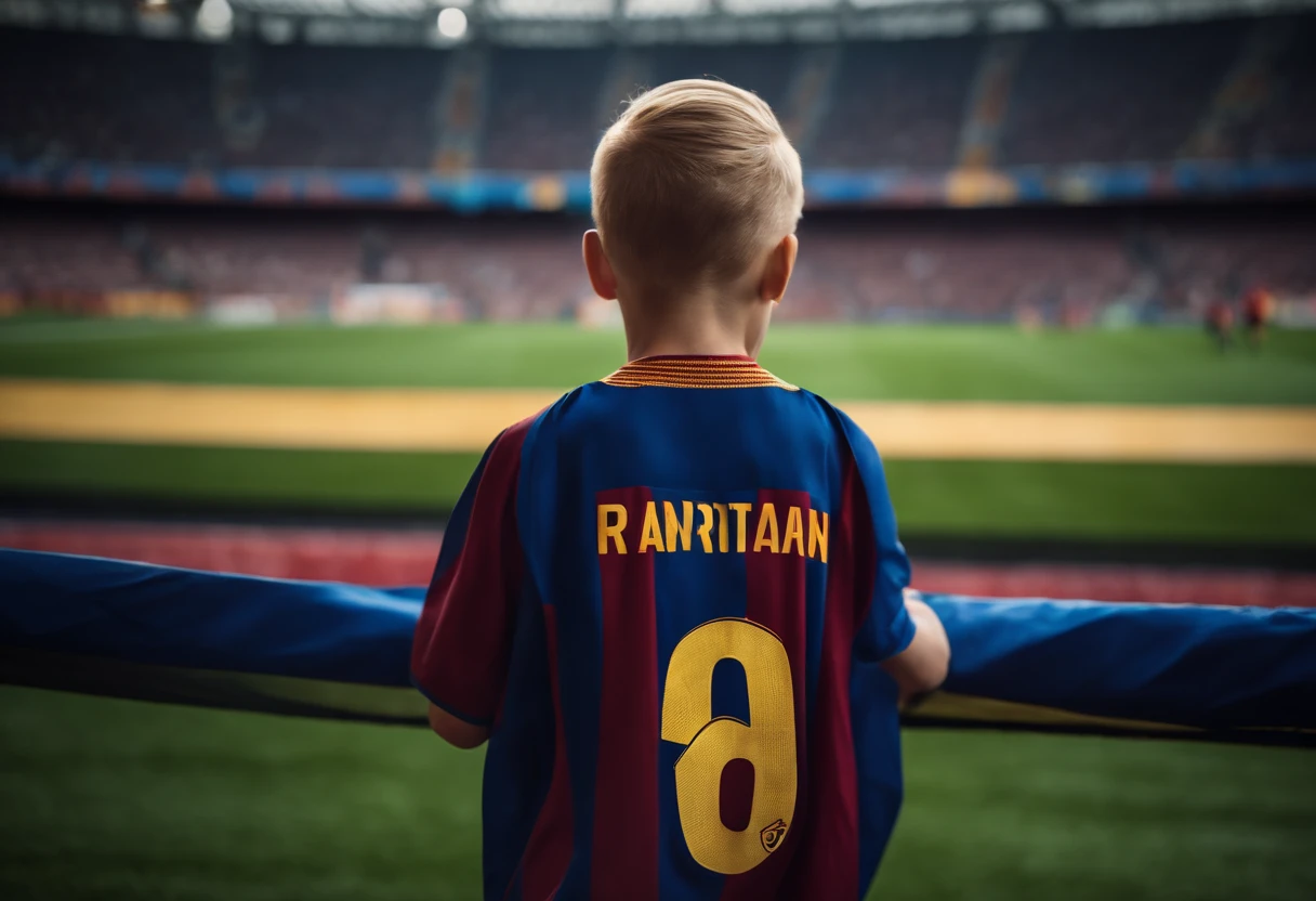 A 6 YEAR OLD CHILD WEARING THE FC BARCELONA JERSEY WAVING THE FC BARCELONA FLAG, intricate details, HDR, beautifully shot, realistic, sharp focus, 64 megapixels, perfect composition, high contrast, cinematic, 8K, CAUCASIAN, GOLDEN HAIR, BLUE EYES