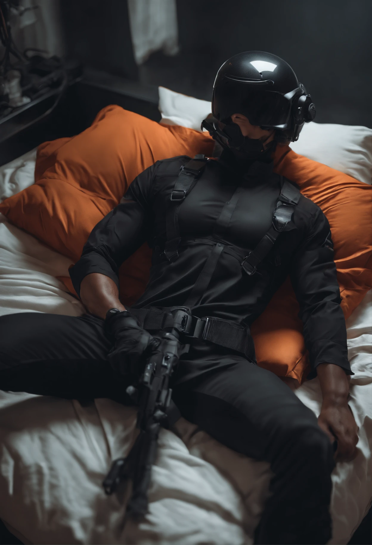 1male, black tactical outfit, lying on a bed, resting, bare torso, unbuttoned, bare male chest, muscular male, black modern helmet, closed face, NSFW, erotic, ecchi, (anime style:1.3)