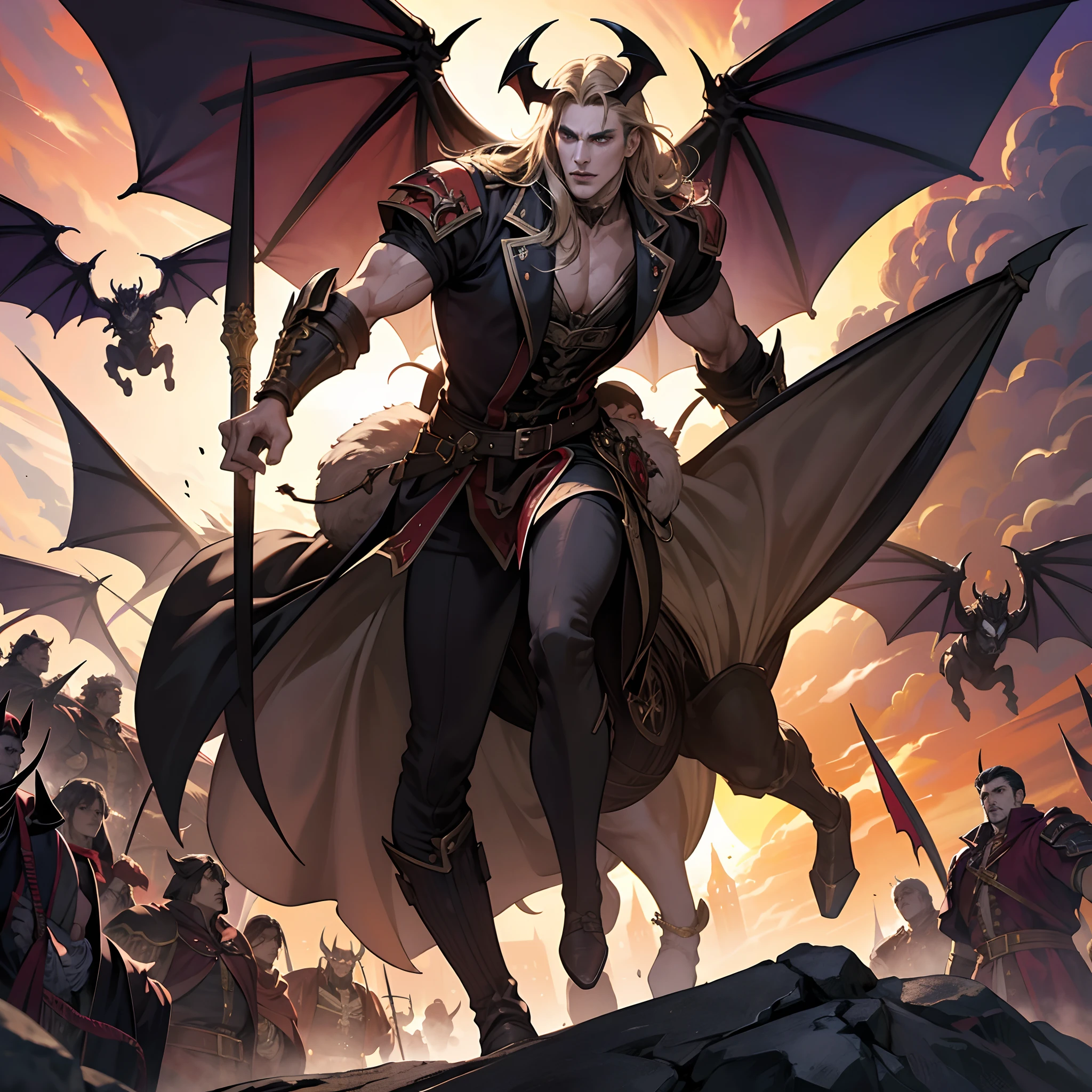 Castlevania Shadow Lord handsome muscular Lord Dracula leading troops armed with demons to war hyper realistic super detailed Dynamic pose super detailed faces hyper realistic super detailed