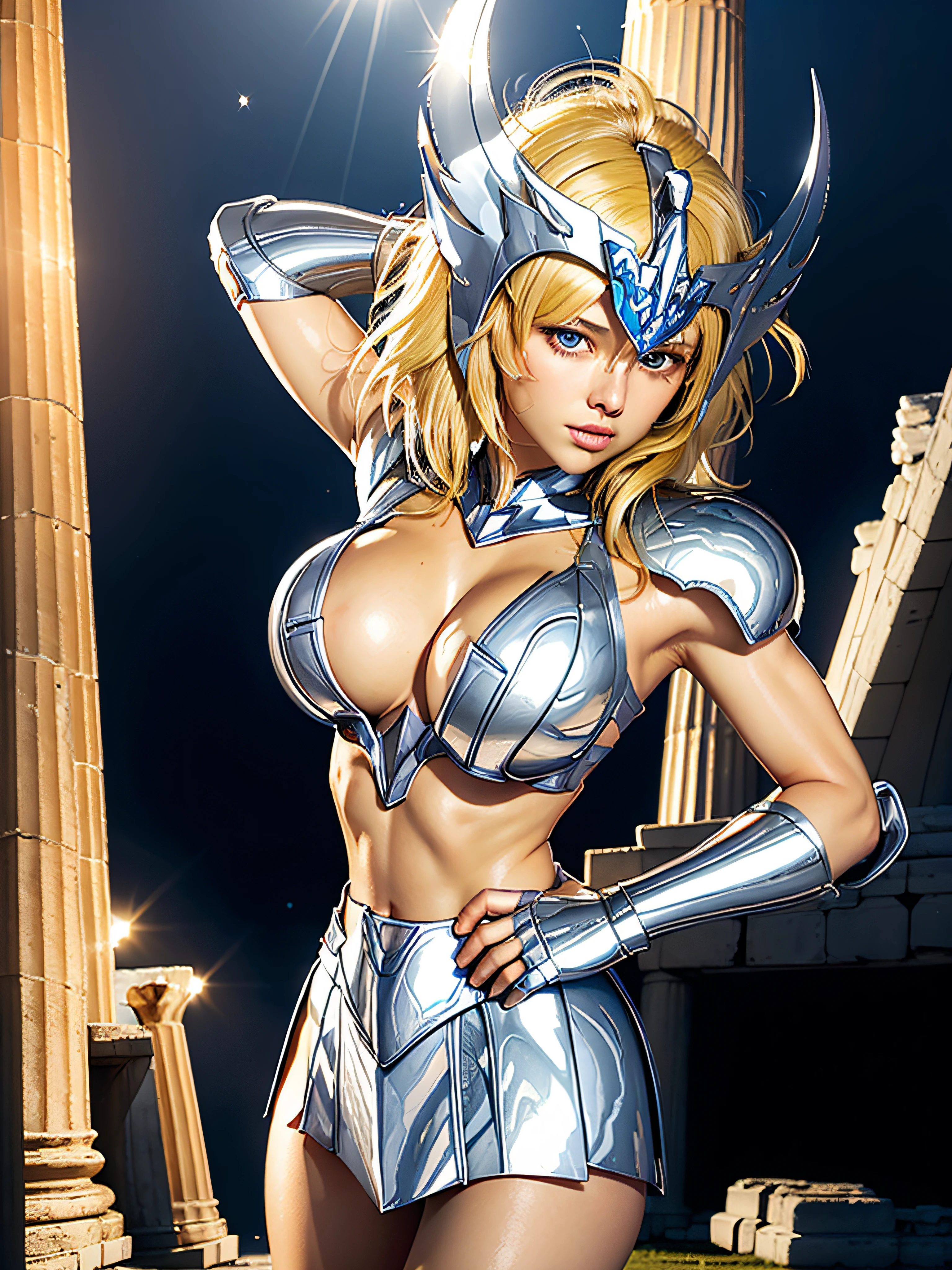 masterpiece, best quality, ultra high res, realistic skin texture, armature, (photorealistic:1.4), high resolution, raw photo, shiny skin, (detail skin:1.2), realistic skin texture, best lighting, (perfect breast:1.3), sparkle, dramatic lighting, dynamic pose, (greek temple background:1.3), night sky, cosmos, milky way, 1girl, (short blonde hair:1.5), cygnus_hyoga, (blue shirt:1.2), (helmet:1.2), silver plate armor, shoulder armor