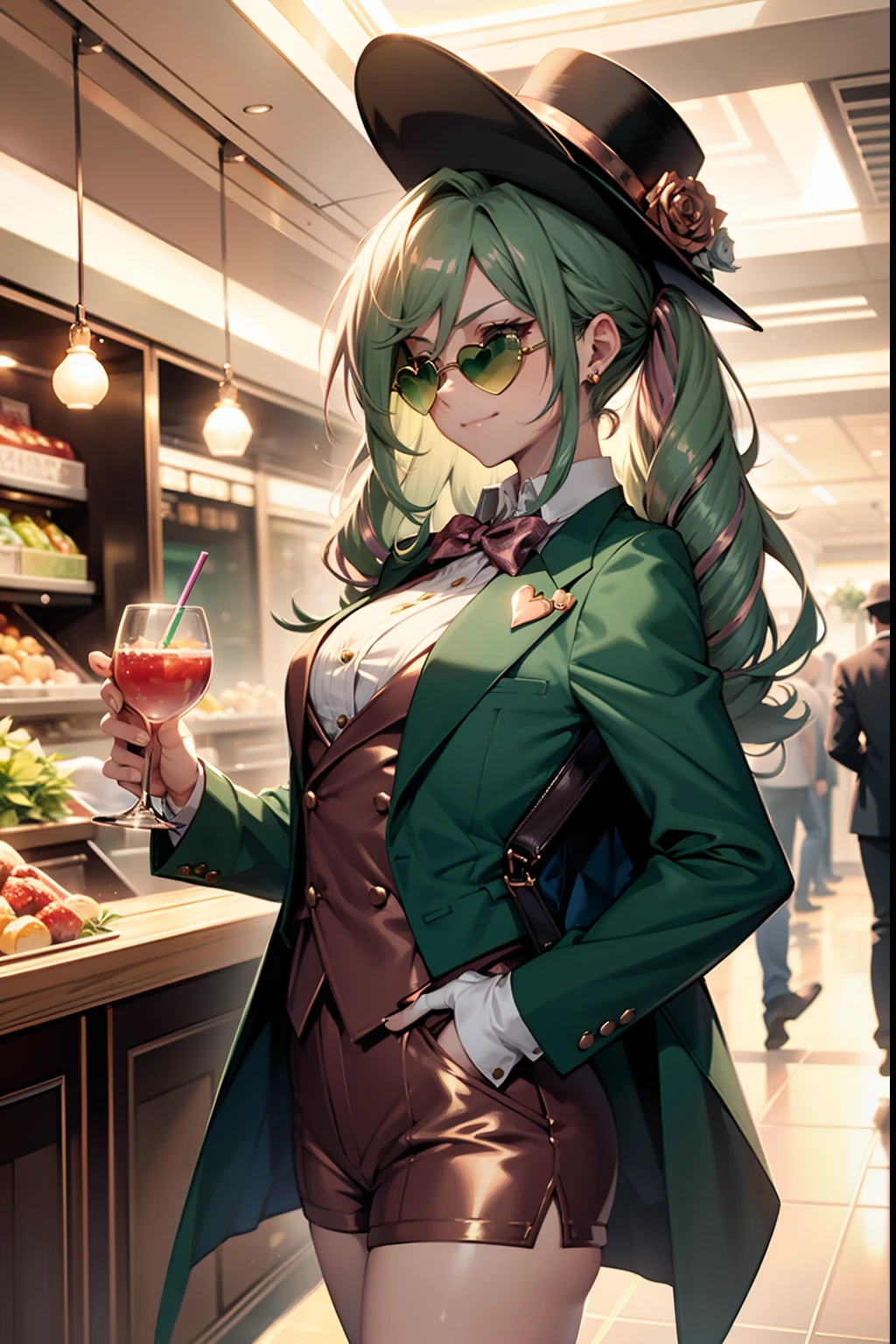 "green hair done in pigtails, pink eyes, sly grin, cutesy, rose-gold earrings, ((dark green suit)), ((rosegold vest)), white shirt, bowtie, ((rosegold shorts)), white gloves, green top hat, ((heart-shaped sunglasses)), pointing pose, (looking away, looking offscreen from the viewer), standing in a luxurious casino with a drink in her hands"