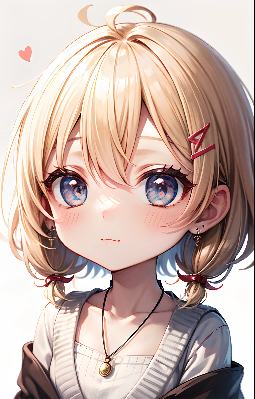 absurderes, ultra-detailliert,bright colour, extremely beautiful detailed anime face and eyes,(Chibi:1.4) ,Short hair, , asymmetrical bangs, Blonde hair with short twin tails, Shiny hair, Delicate beautiful face, red blush、Blue eyes, White skin, hair clips, earrings, a necklace, Cardigan, Clothes, Brown clothes, Beautiful cloud, Dusk sky,