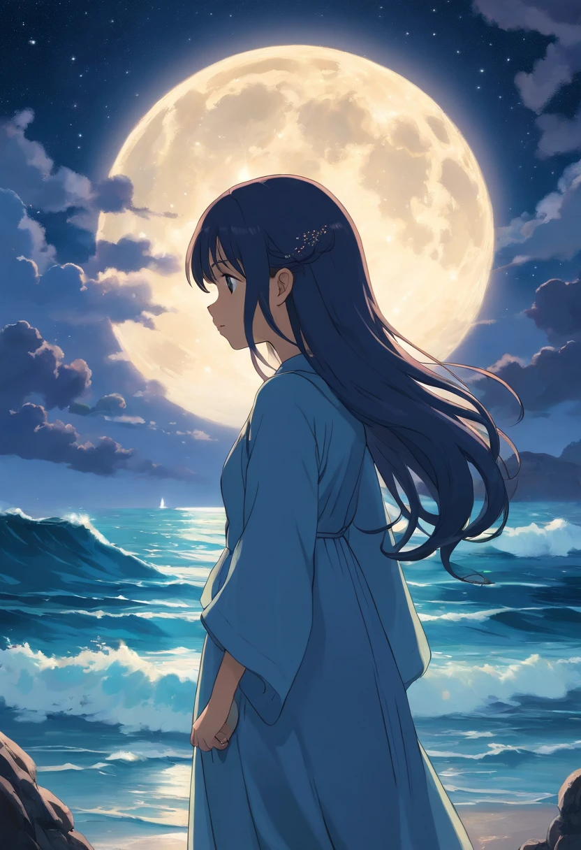A breathtaking scene unfolds as the moonlight casts a luminous glow on a deserted beach, painting the sky with a tapestry of twinkling stars. At the center of this ethereal moment, A young woman with long cascades of hair sits in deep meditation. Its tranquil presence evokes a sense of inner peace and serenity amidst the vastness of the empty coast. The girl's silhouette stands out against the backdrop of darkness, his serene expression bathed in the soft moonlight;. Long tentacles of hair cascading down the back, intertwined with the gentle sea breeze that caresses his face. Your closed eyes indicate a deep connection to the universe, as if his own thoughts harmonized with the whispers of the waves of the sea.
