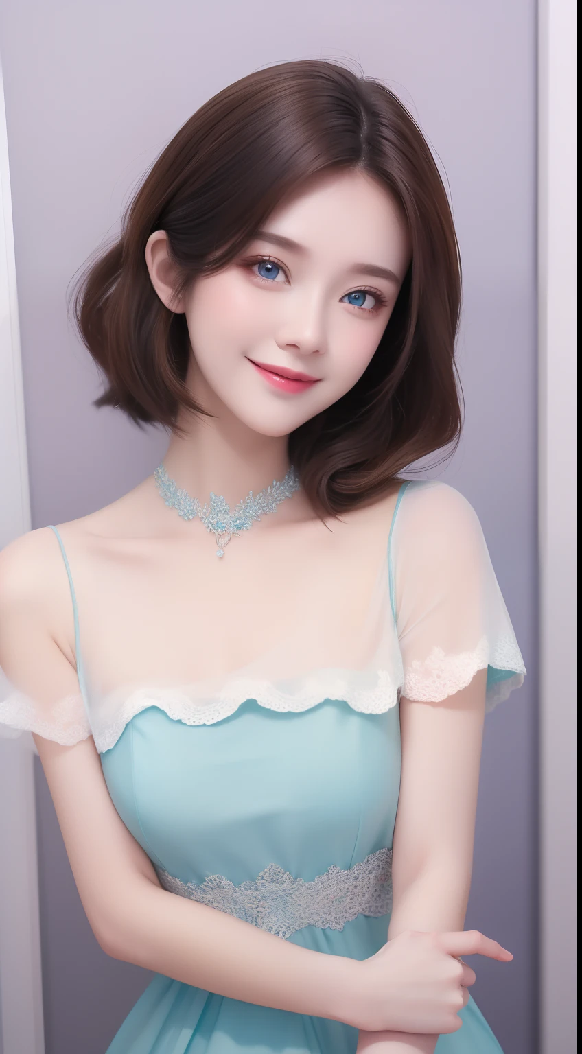 Top quality, Pastel painting, Gentle atmosphere, Twin Girl Angel, Cute, White wings, Smiling happily, Short brown hair of different colors, A blue eye, A green eye, Dresses of different colors, flower hair ornaments, Upper body, looking at viewert, space, meteors, Light,