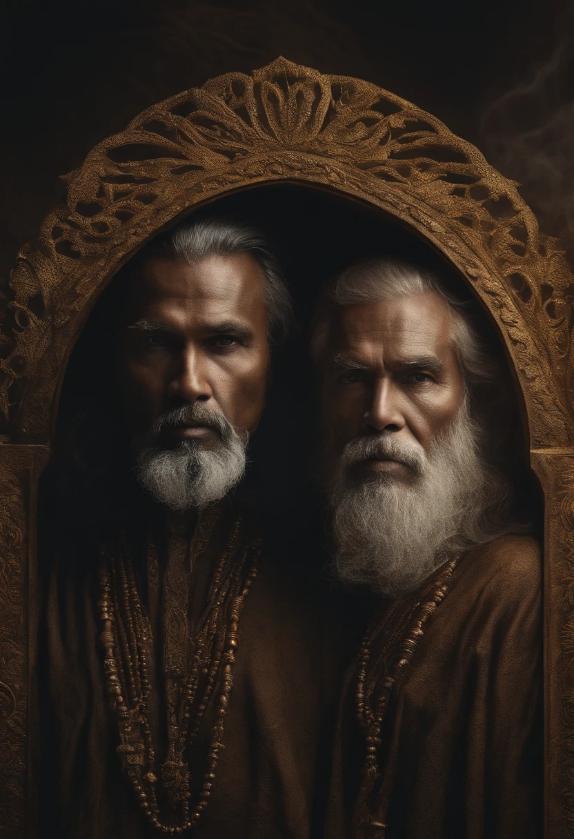 ethereal photo of 2 men, 1 white Irish man, 1 African man, 45 years old, , emerging from swirling strokes of smoke and vapors, long hair, style of Steve McCurry, intricate artwork masterpiece, ominous, golden ratio, trending on cgsociety, intricate, epic, trending on artstation, by artgerm, h. r. giger and beksinski, highly detailed, vibrant, production cinematic character render, ultra high quality model