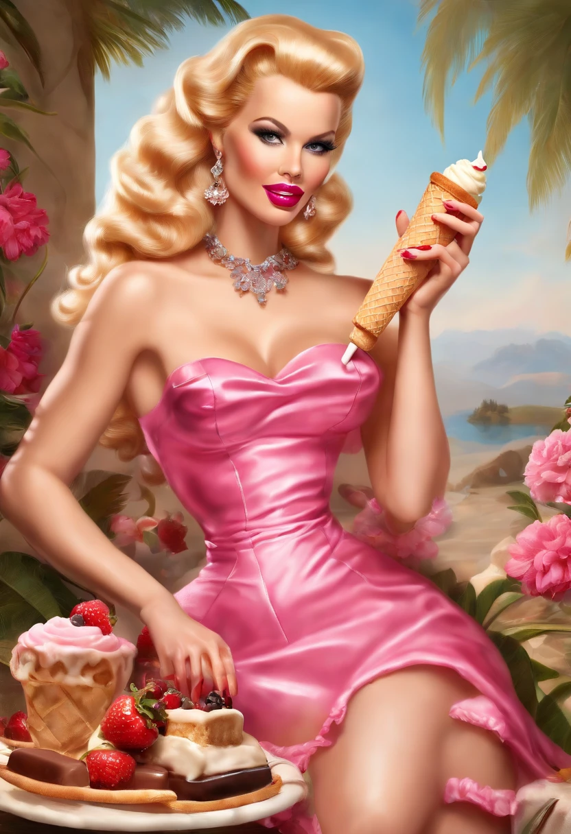 a pin up picture of Barbie as a dominatrix queen eating ice cream (best details, Masterpiece, best quality :1.5), ultra detailed face (best details, Masterpiece, best quality :1.5), ultra feminine (best details, Masterpiece, best quality :1.5), wearing latex pink mini dress, pink stockings, pink high heels, long braided hair, hair pulled back, blond hair, eating ice cream (ultra detailed, Masterpiece, best quality: 1.5), many flavors, whipped cream, chocolate syrup (ultra detailed, Masterpiece, best quality, fantasy art), modern bedroom background (best details, Masterpiece, best quality :1.5), ultra best realistic pictures , best details, best quality, 16k, [ultra detailed], masterpiece, best quality, (extremely detailed), ultra wide shot, photorealism, depth of field, hyper realistic painting