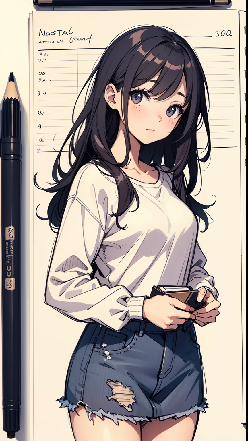 a sketch of a girl in a notebook, pencil, drawing, sketch, concept art, hatches, texture, cozy, style, stylish, asthestic, rough, artistic, cute