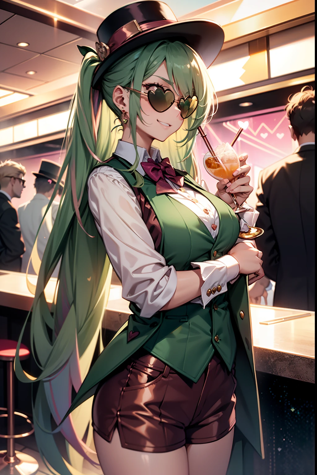 "green hair done in pigtails, pink eyes, sly grin, cutesy, rose-gold earrings, ((dark green suit)), ((rosegold vest)), white shirt, bowtie, ((rosegold shorts)), white gloves, green top hat, ((heart-shaped sunglasses)), pointing pose, (looking away, looking offscreen from the viewer), standing in a luxurious casino with a drink in her hands"
