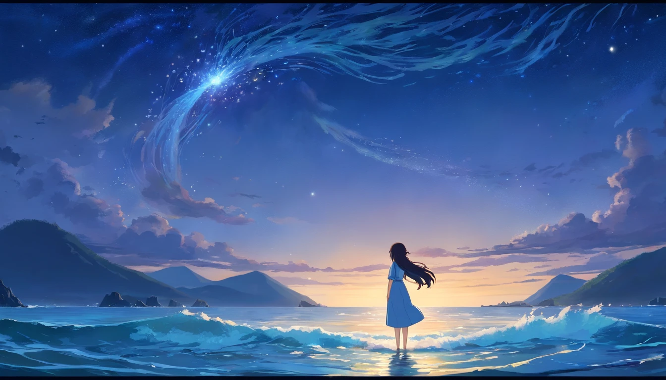 A breathtaking scene unfolds as the moonlight casts a luminous glow on a deserted beach, painting the sky with a tapestry of twinkling stars. At the center of this ethereal moment, A young woman with long cascades of hair sits in deep meditation. Its tranquil presence evokes a sense of inner peace and serenity amidst the vastness of the empty coast. The girl's silhouette stands out against the backdrop of darkness, his serene expression bathed in the soft moonlight;. Long tentacles of hair cascading down the back, intertwined with the gentle sea breeze that caresses his face. Your closed eyes indicate a deep connection to the universe, as if his own thoughts harmonized with the whispers of the waves of the sea.