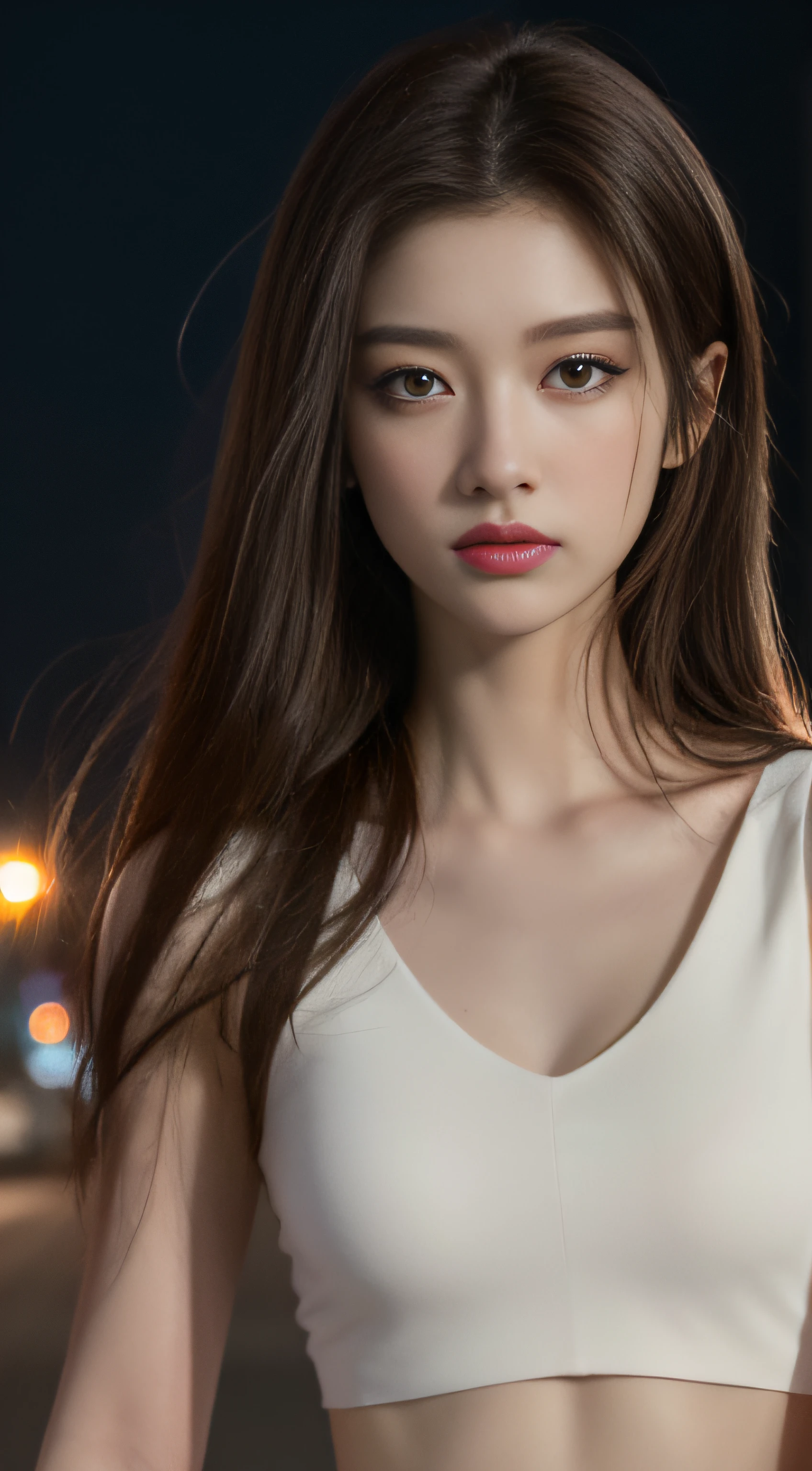 ((Realistic lighting, Best quality, 8K, Masterpiece: 1.3)), Clear focus: 1.2, 1girl, Perfect Figure: 1.4, Slim Abs: 1.1, ((Dark brown hair)), (White crop top: 1.4), (Outdoor, Night: 1.1), City streets, Super fine face, Fine eyes, Double eyelids,