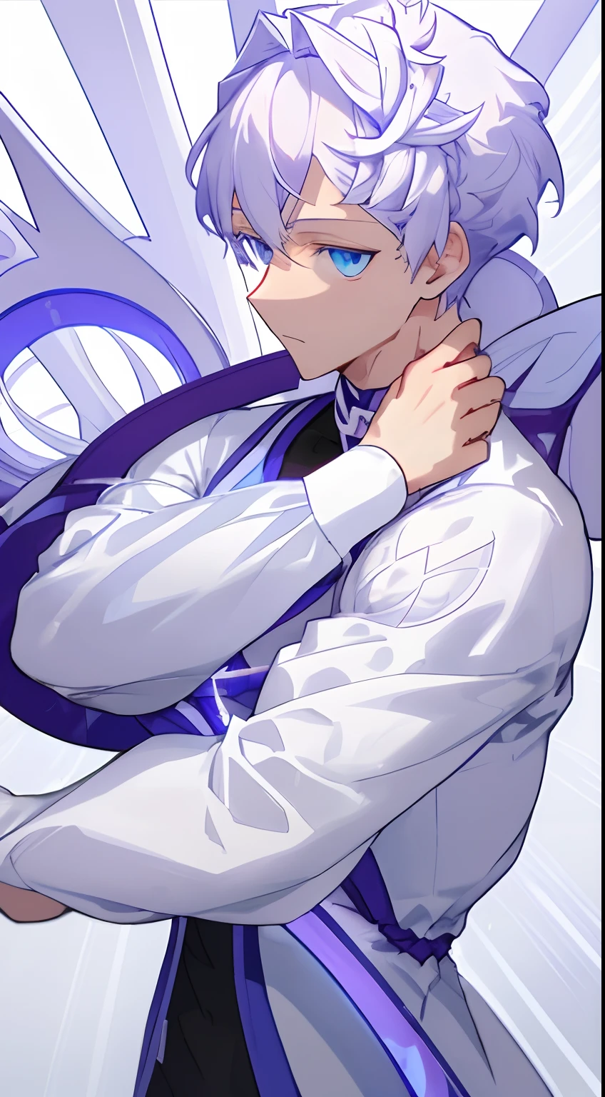 1 guy, White intricate hairstyle, blue eyes, dark purple long sleeve shirt, (symmetry eyes),(perfect symmetrical body)
