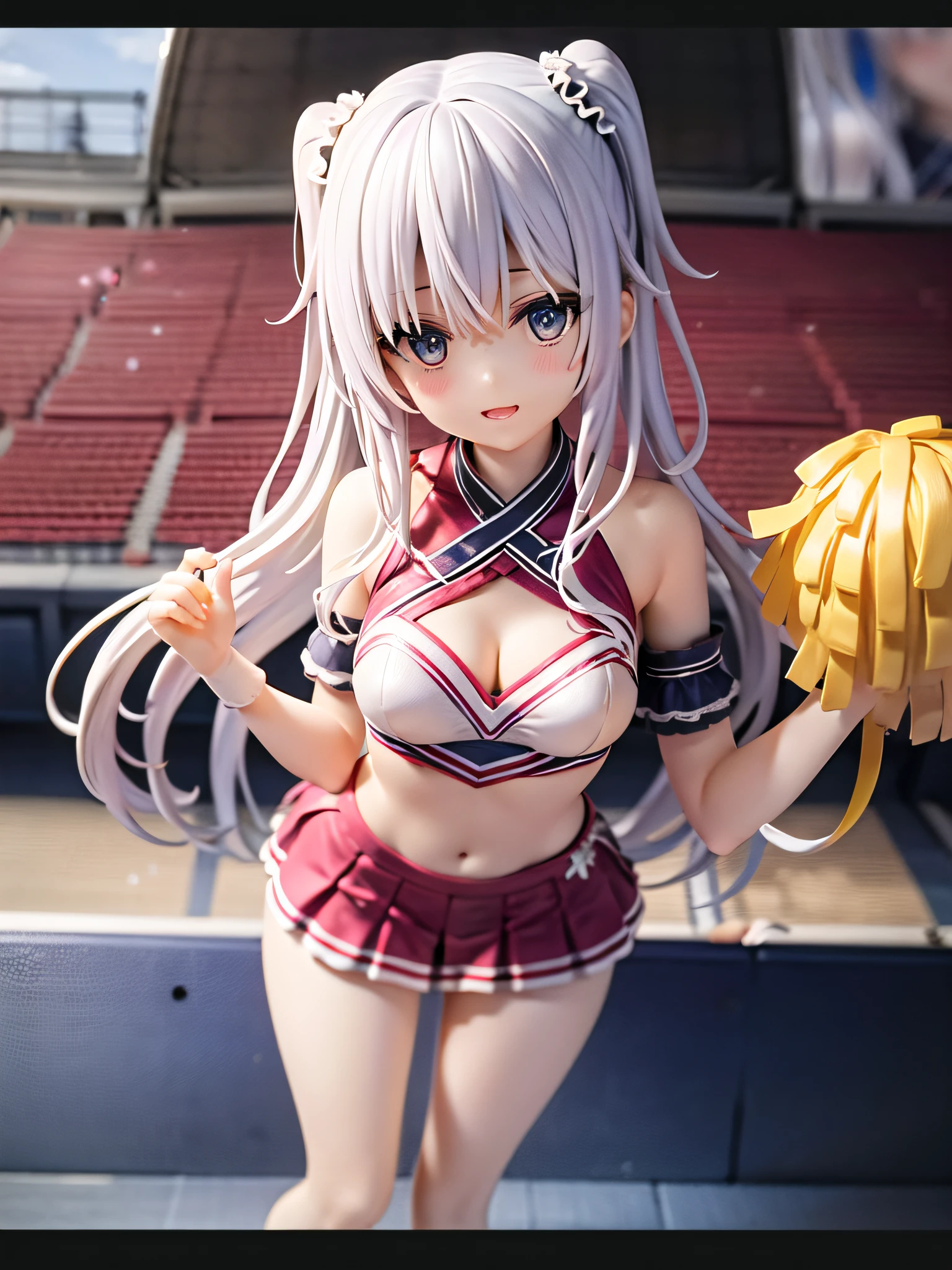 （Super lascivious cheerleader:1.3）、(Cheering seats in the stadium:1.0)、(tiny chest:1.1)、extremely delicate and beautiful,visual impact, grow,The ultra -The high-definition, Raw photography, top-quality, hight resolution, (​masterpiece), (Photorealsitic:1.4), Anime Cosplay, foco nítido, nffsw,Unity 8k壁纸, intricate detailes, depth of fields,nffsw,amazing, contour deepening,front lit,Oil Highlights, girl with, beautiful countenance、Overall、Very detailed background,ssmile、(A slender:1.5)、see -through、Holding a big cheerleading pom-pom in your hand、Wearing a cheerleading costume、support