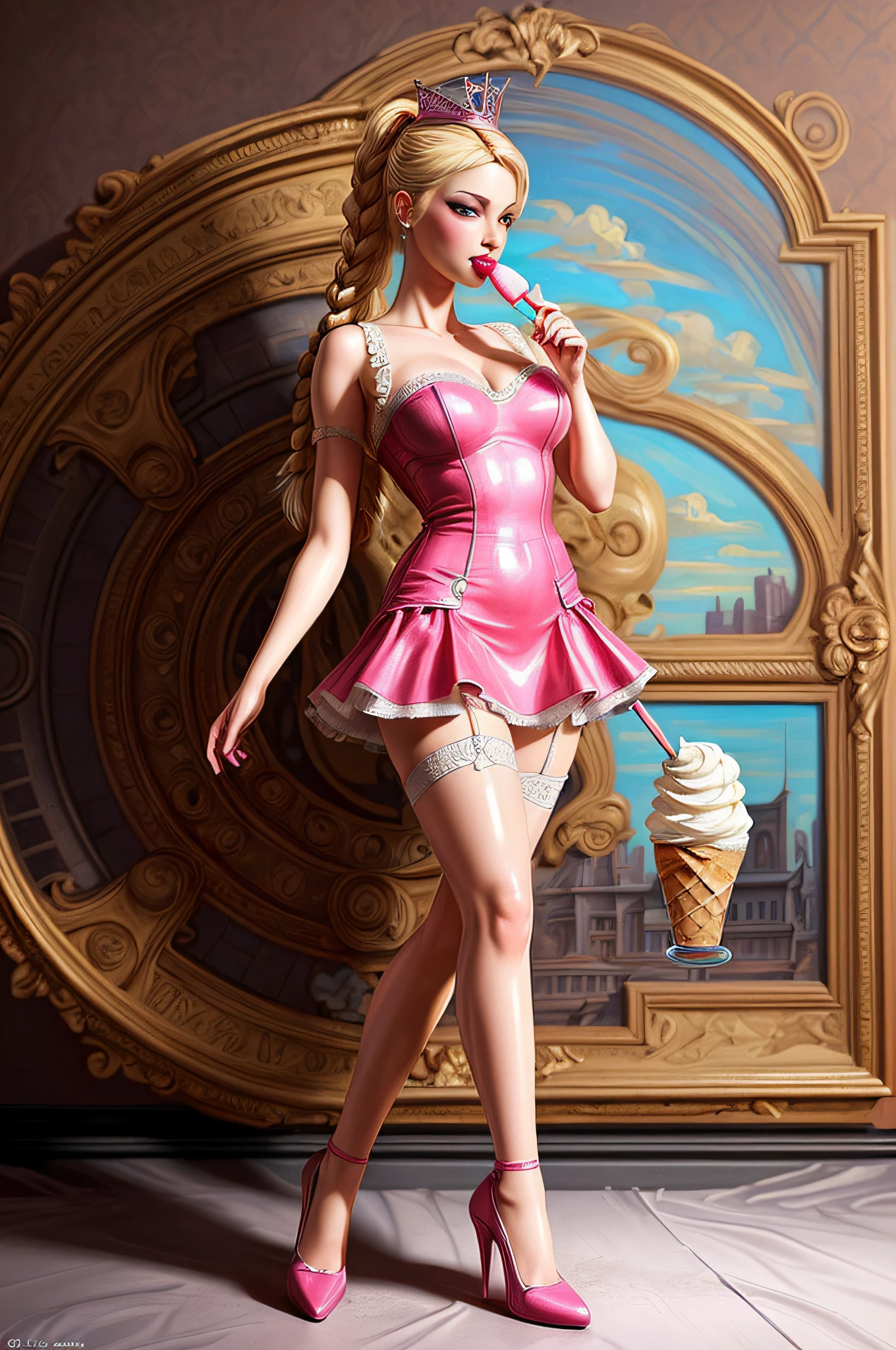 a pin up picture of Barbie as a dominatrix queen eating ice cream (best details, Masterpiece, best quality :1.5), ultra detailed face (best details, Masterpiece, best quality :1.5), ultra feminine (best details, Masterpiece, best quality :1.5), wearing latex pink mini dress, pink stockings, pink high heels, long braided hair, hair pulled back, blond hair, eating ice cream (ultra detailed, Masterpiece, best quality, fantasy art), many flavors, whipped cream, chocolate syrup (ultra detailed, Masterpiece, best quality, fantasy art), modern bedroom background (best details, Masterpiece, best quality :1.5), ultra best realistic pictures , best details, best quality, 16k, [ultra detailed], masterpiece, best quality, (extremely detailed), ultra wide shot, photorealism, depth of field, hyper realistic painting