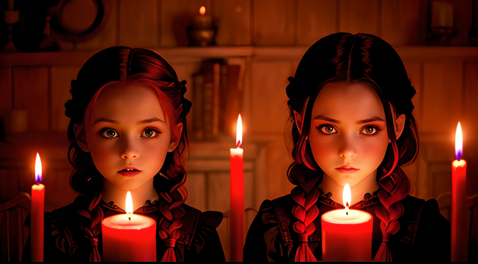GIRLS VAMPIRE CHILDREN WITH RED EYES TWILIGHT MOVIE STYLE, . And red hair of braid, red background. candles with fire.