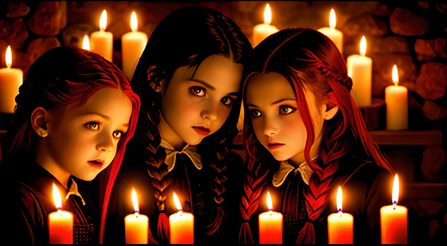 GIRLS VAMPIRE CHILDREN WITH RED EYES TWILIGHT MOVIE STYLE, . And red hair of braid, red background. candles with fire.