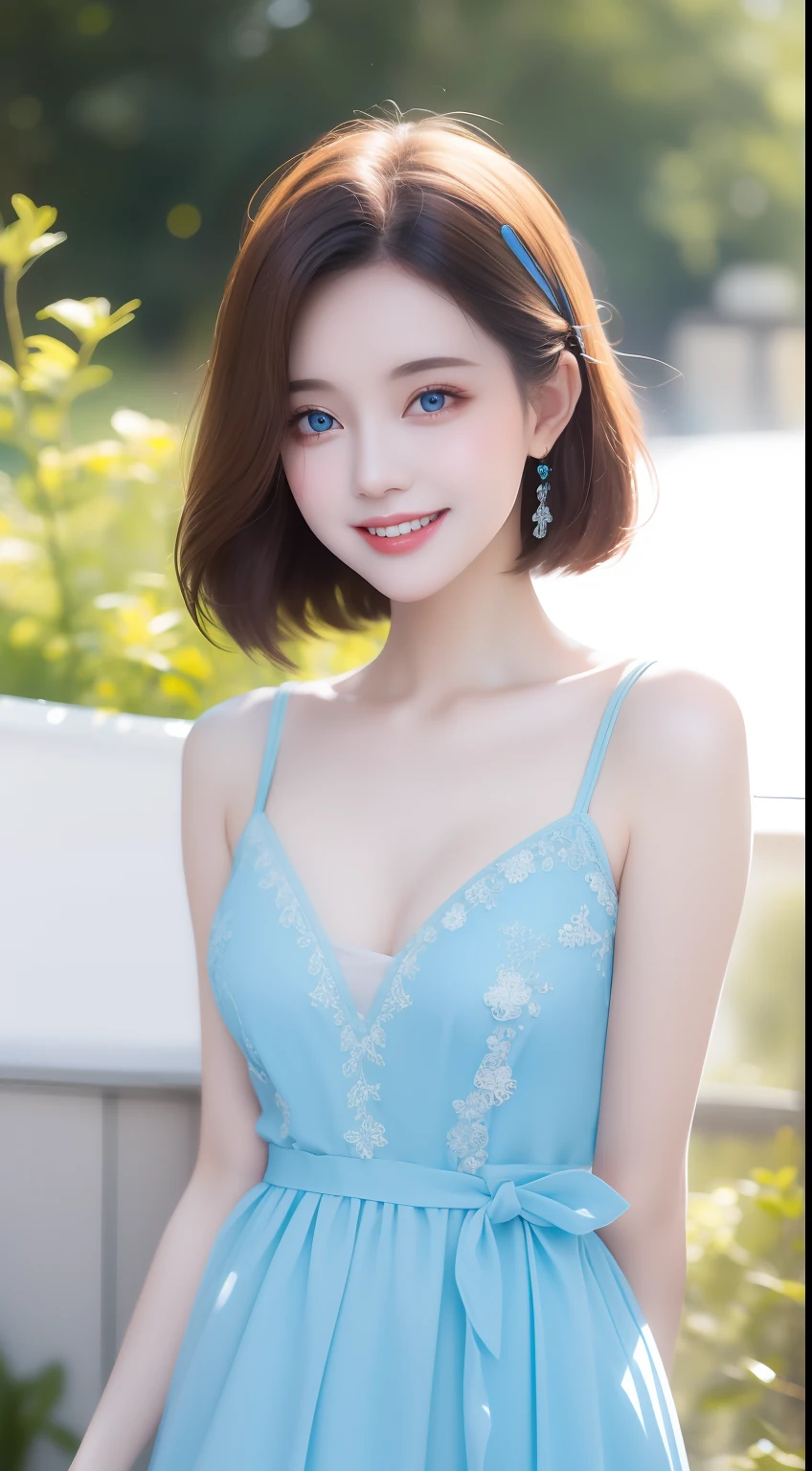 Top quality, Pastel painting, Gentle atmosphere, Twin Girl Angel, Cute, White wings, Smiling happily, Short brown hair of different colors, A blue eye, A green eye, Dresses of different colors, flower hair ornaments, Upper body, looking at viewert, space, meteors, Light,