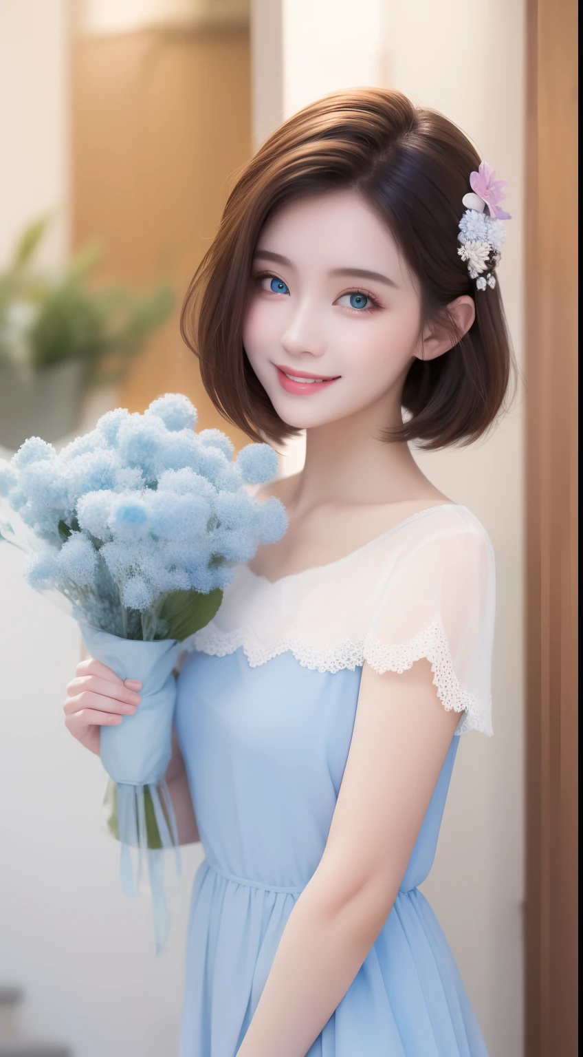 Top quality, Pastel painting, Gentle atmosphere, Twin Girl Angel, Cute, White wings, Smiling happily, Short brown hair of different colors, A blue eye, A green eye, Dresses of different colors, flower hair ornaments, Upper body, looking at viewert, space, meteors, Light,