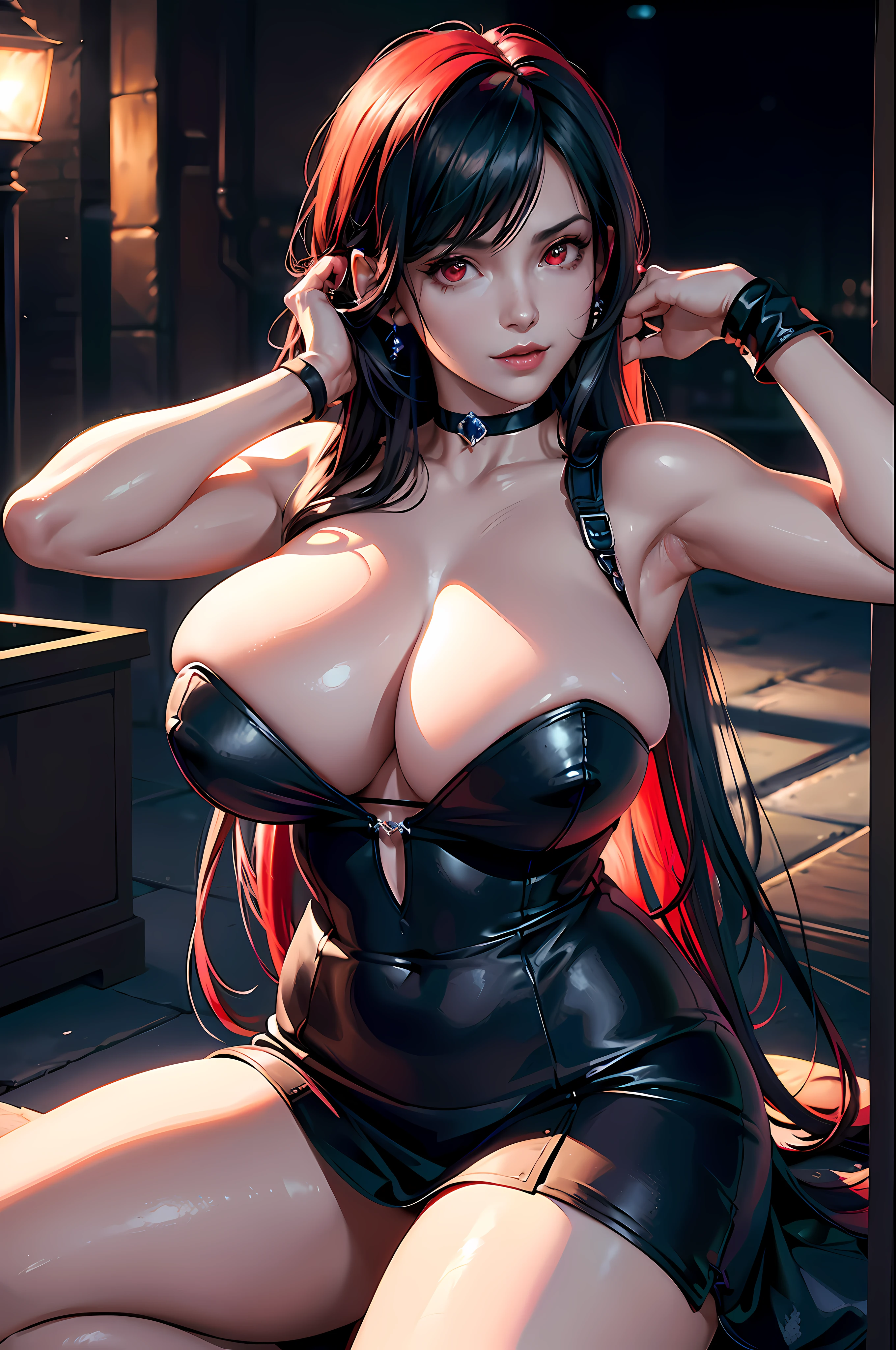 (8k, best quality, masterpiece:1.2), (realistic, photo-realistic:1.37), ultra-detailed, 1 girl,cute, solo, (tifa lockhart), (huge breasts:1.5),(beautiful detailed eyes), (smile:1.2), (closed mouth), erotic pose, dancing, outside an industrial factory, depth of field, dark intense shadows, sharp focus, depth of field, good composition, green glowing light, Final Fantasy VII, (sapphire dress:1.3), (black choker) full body, head rest, lips, pretty face, low-tied long hair, ((red_eyes:1.3)), (night:1.3), intricate, bokeh, cinematic lighting, photon mapping, radiosity, physically-based rendering, (Tetsuya Nomura style), nsfw, perfect breasts