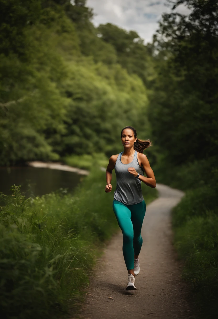 A woman jogging along a scenic riverside trail:
Visualize a picturesque riverside trail bordered by lush greenery. A young woman, dressed in vibrant athletic wear, gracefully jogs alongside the clear river. Her ponytail sways with each step, and a look of determination on her face reflects her commitment to a healthy lifestyle.