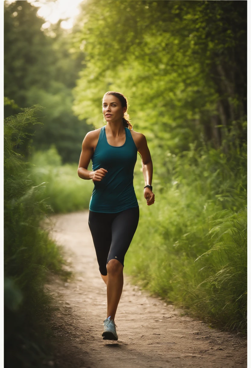 A woman jogging along a scenic riverside trail:
Visualize a picturesque riverside trail bordered by lush greenery. A young woman, dressed in vibrant athletic wear, gracefully jogs alongside the clear river. Her ponytail sways with each step, and a look of determination on her face reflects her commitment to a healthy lifestyle.