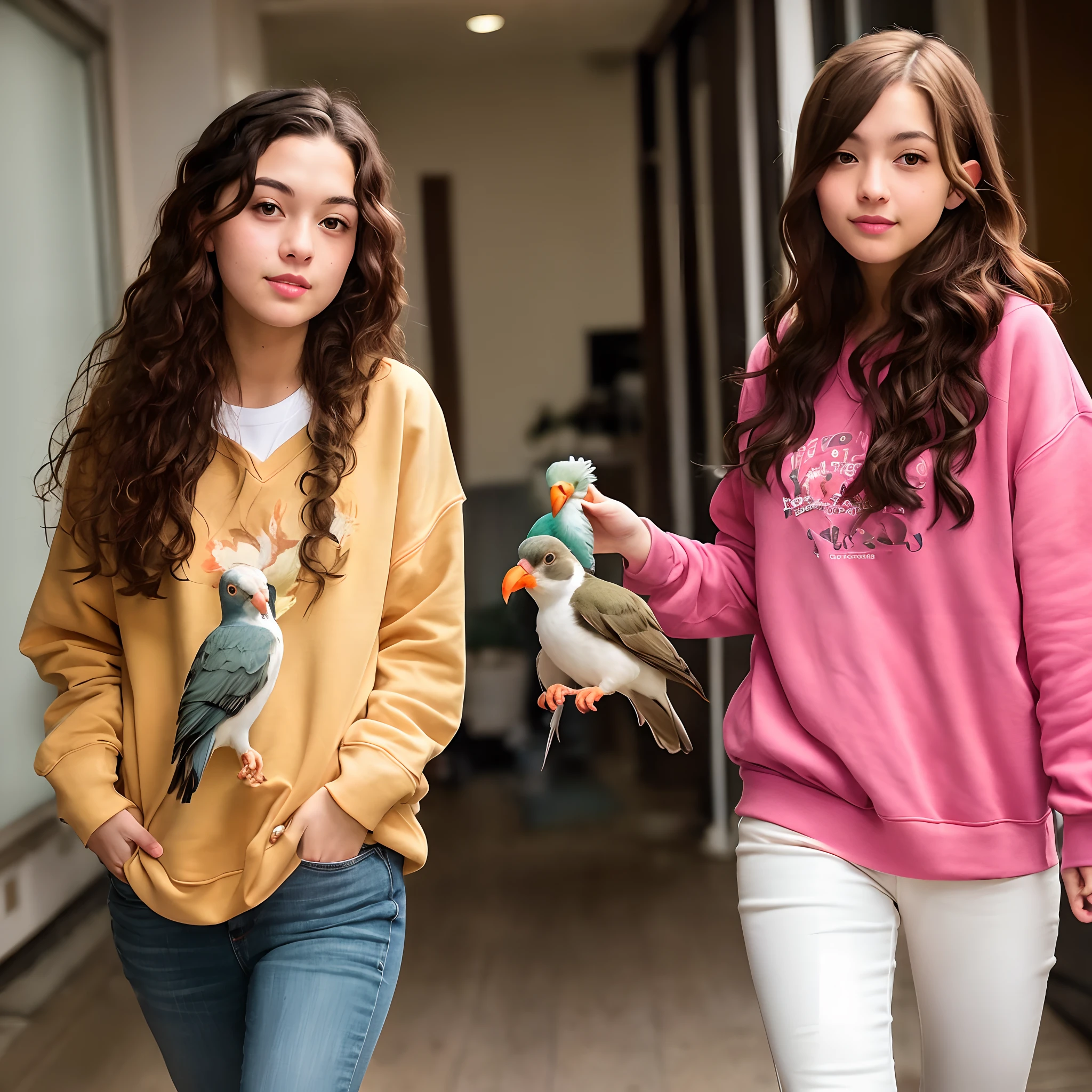 Create an image based on these characteristics: I'm a young elf with long, curly brown hair down to my waist and I wear an orange sweatshirt and I'm a brunette with light brown eyes and slightly pink lips
I always walk with my pet bird called phoenix