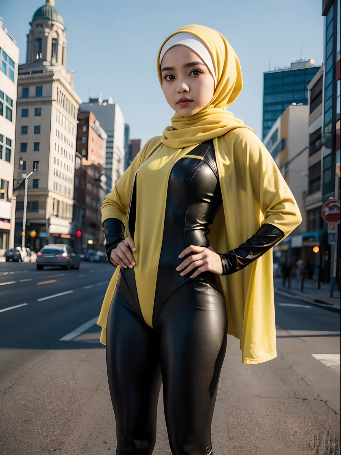 1 malay girl, solo, hijab, yellow eyes, medium hijab, superhero, leotard, leggings, boots, hands on hip, city backdrop