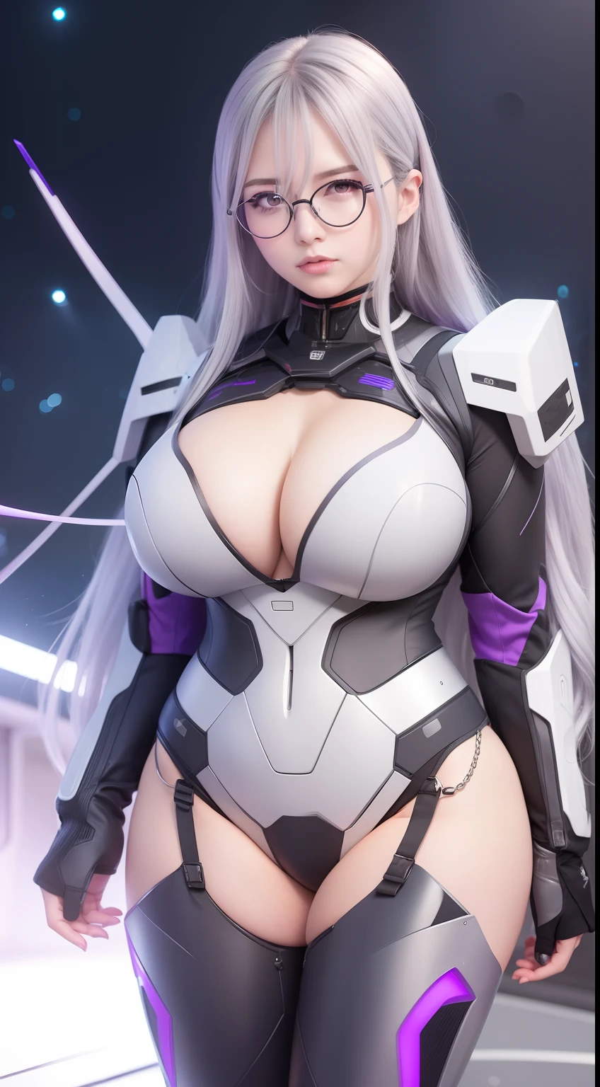 Girl, big boobs, grey hair, long hair, mecha suit, mecha wings, outer space, future glasses, violet, white line