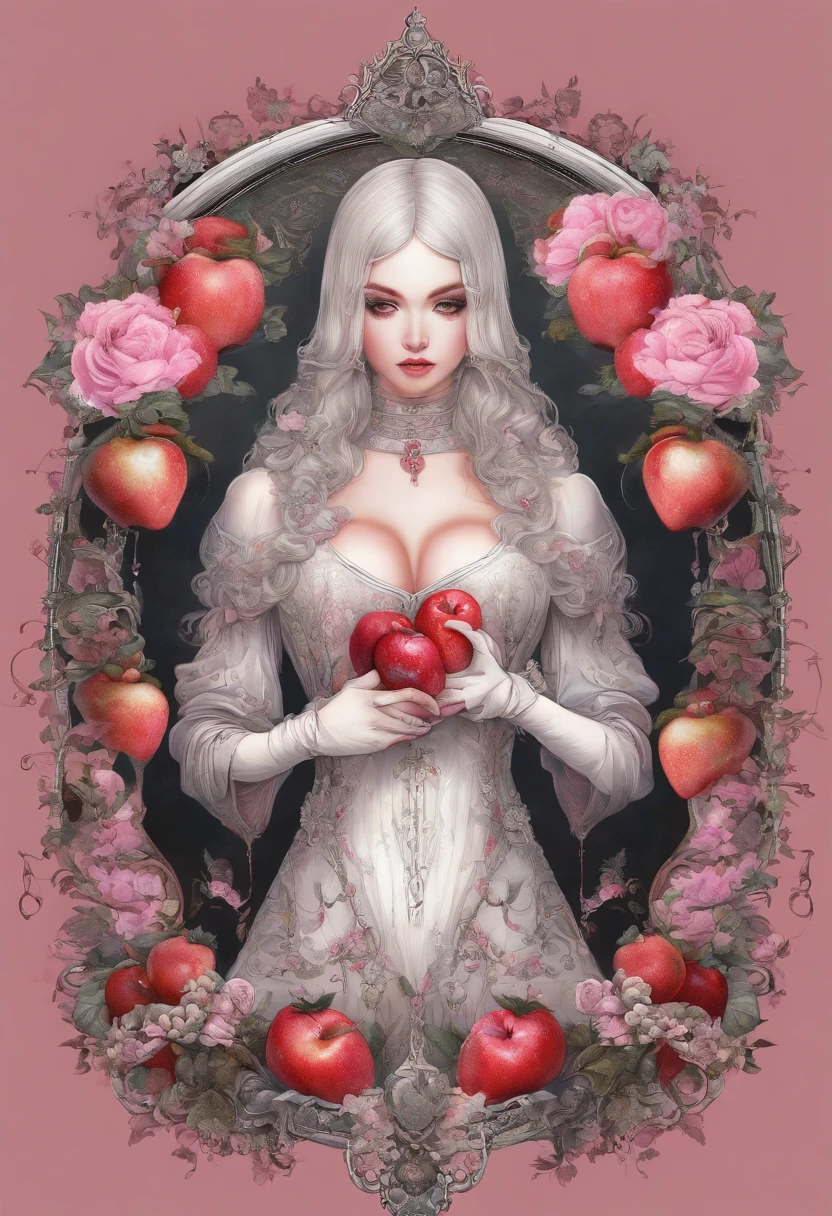 ( Absurd , High quality , Ultra detailed, Masterpiece, concept-art, smooth, high detail artwork, hyperrealistic painting ) , apples，Strawberry, Pink big breasts , cute big breasts , Whole body , Romantic , Vivid