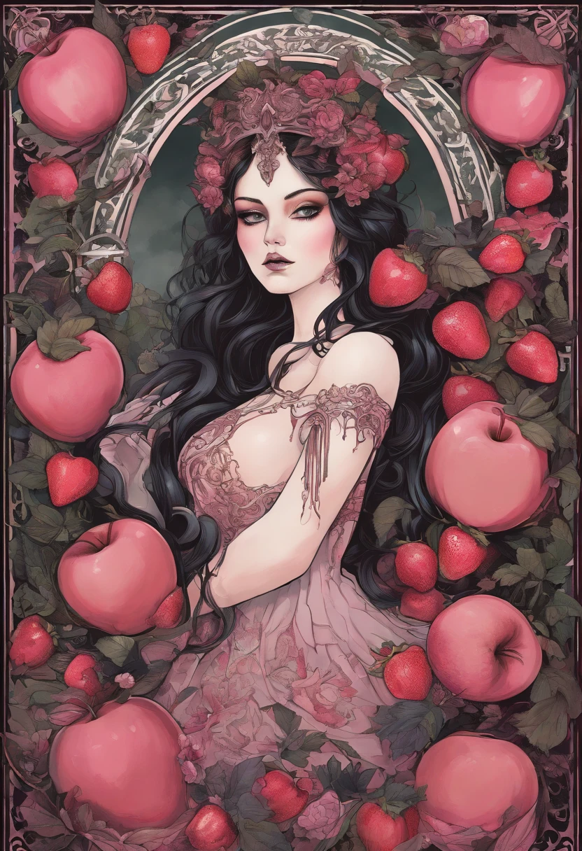 ( Absurd , High quality , Ultra detailed, Masterpiece, concept-art, smooth, high detail artwork, hyperrealistic painting ) , apples，Strawberry, Pink big breasts , cute big breasts , Whole body , Romantic , Vivid