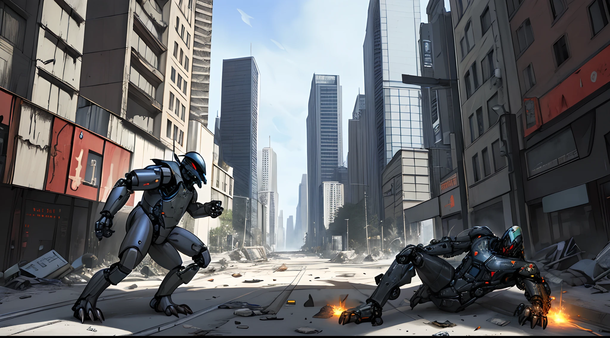 Dinossauro humanoide, pernas biomecanicos, Cybernetic Helmet Viewfinder, traje espacial de combate , Backdrop destroyed city , detailed mechanical feet , imagem de alta qualidade