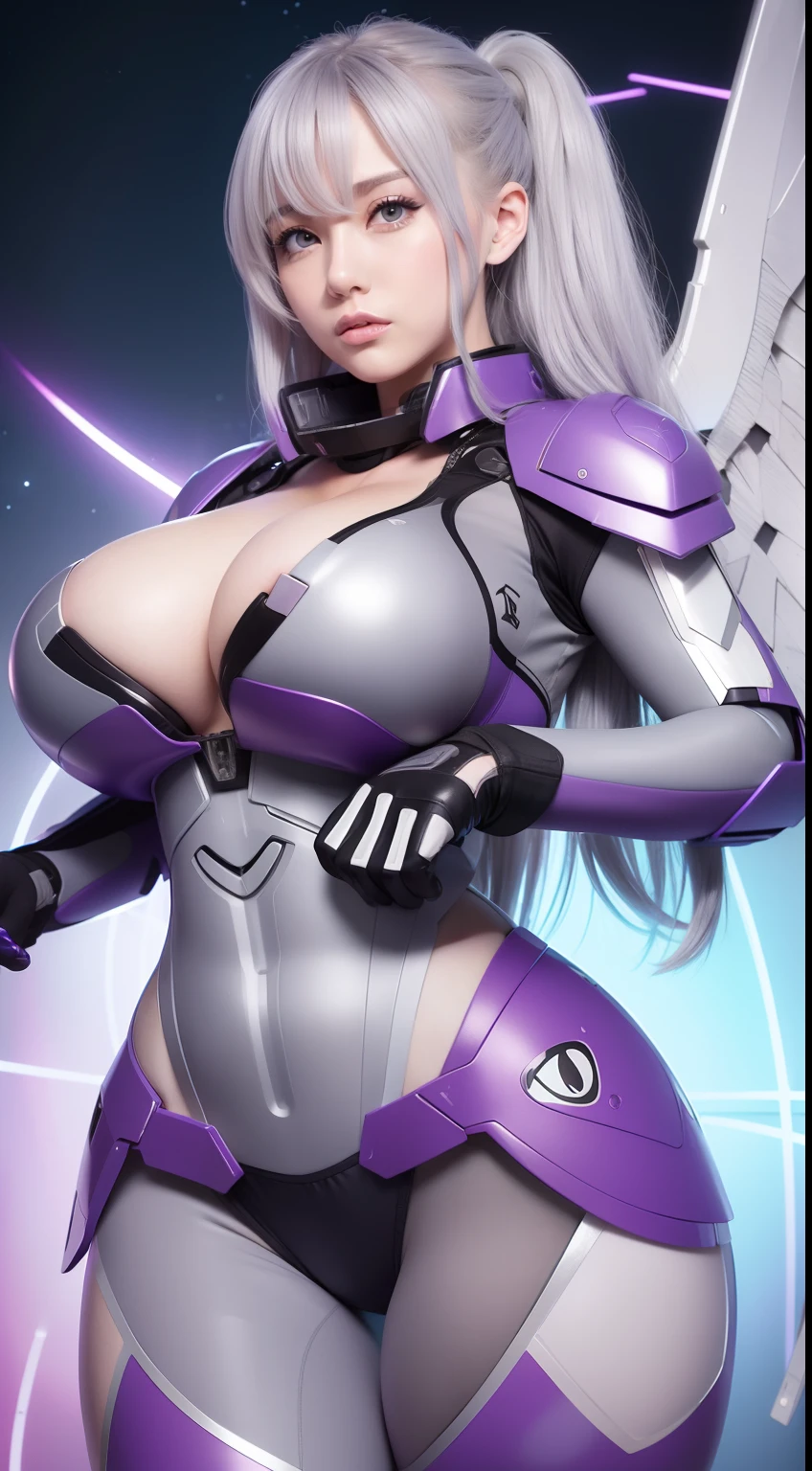 Girl, big boobs, grey hair, long hair, violet mecha suit, mecha wings, outer space