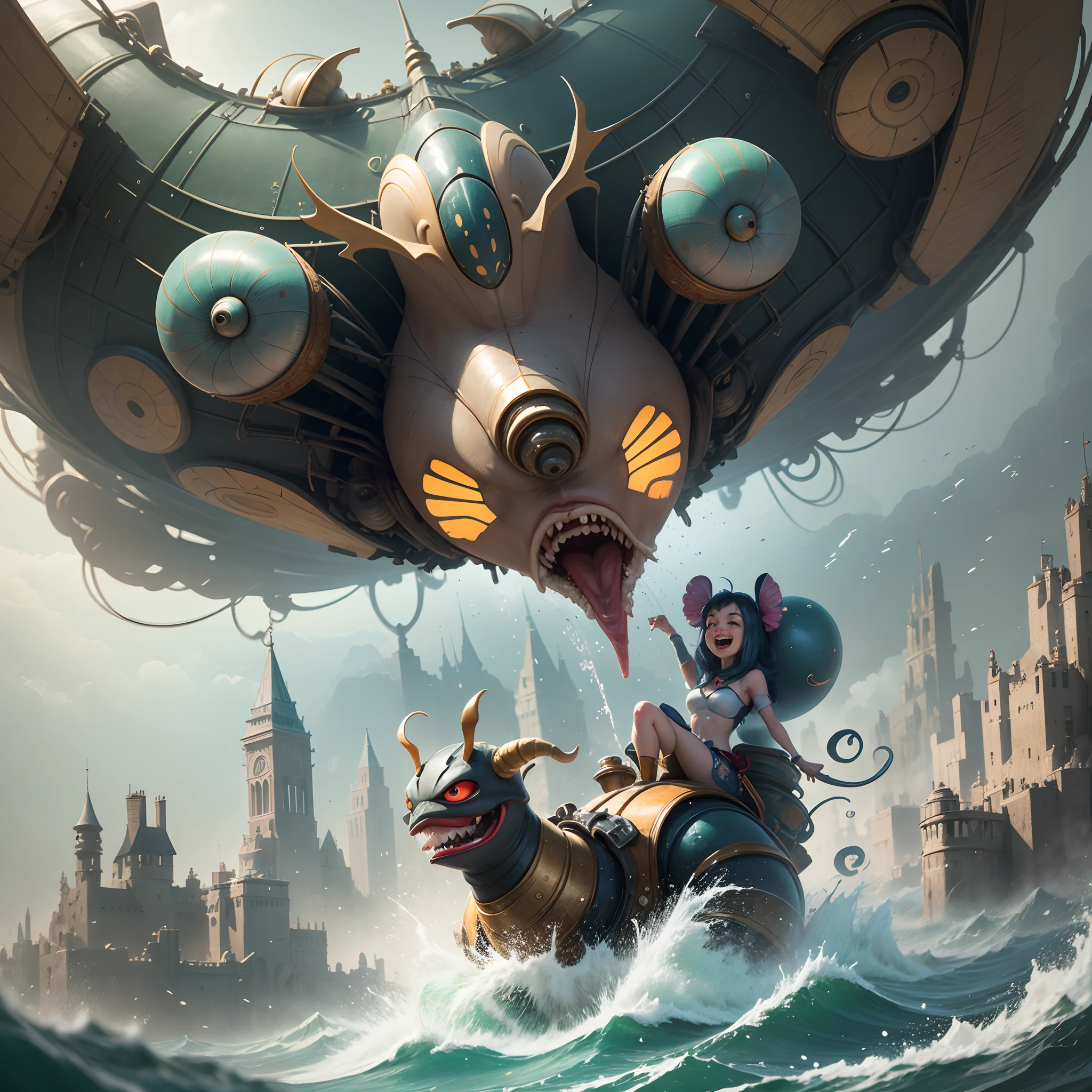 Fantasy world of Hieronymus Bosch with flying friendly huge mechanical snails. Riding a snail beautiful sexy alien girl. Close-up. Flight over the lake. Water splashes, splashes in all directions, laughing merrily. All the characters of the wonderful and funny cartoon Disney Pixar. super realistic. cinematic. Blurred background in motion. light haze --auto --s2