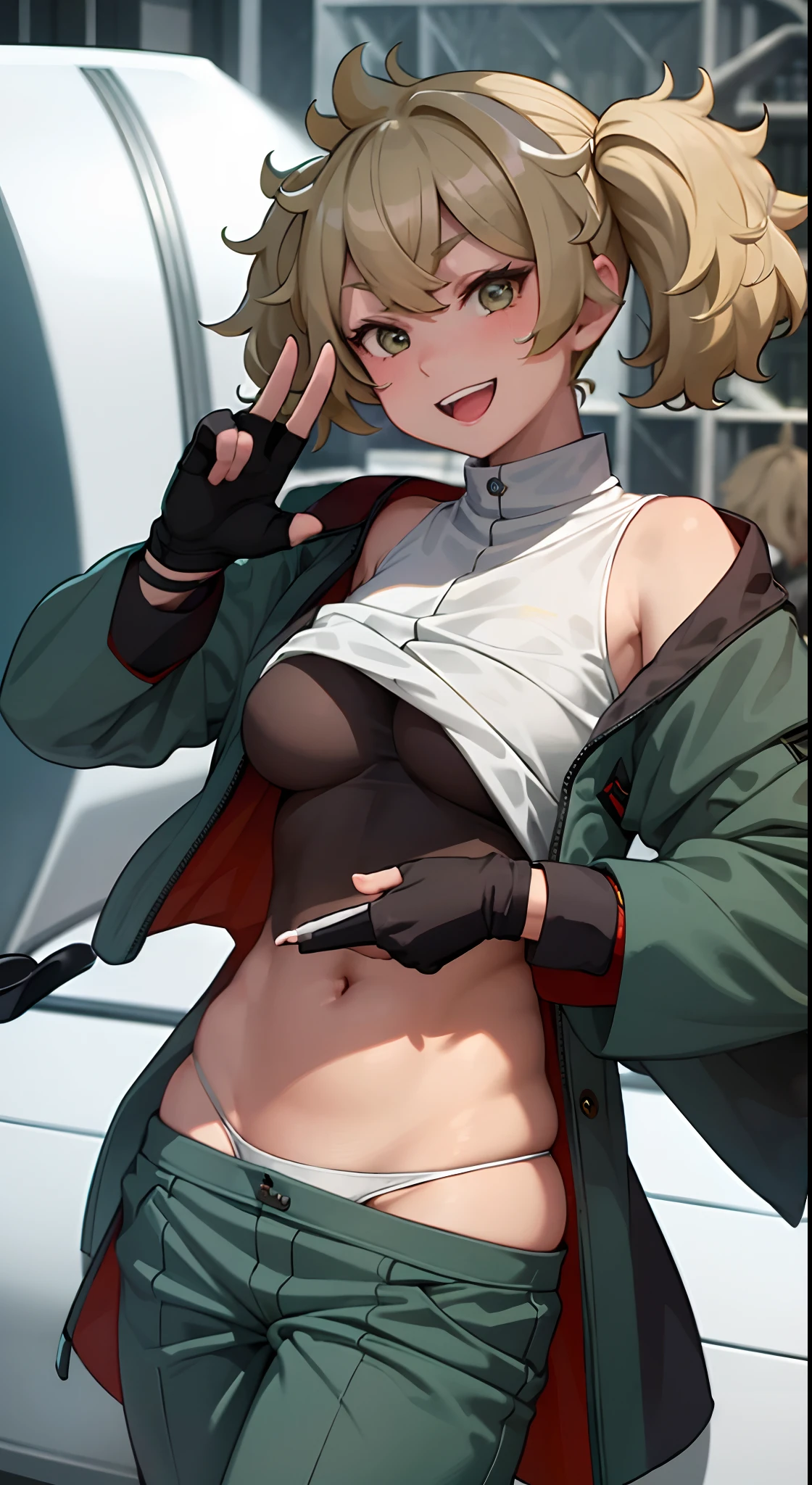 masterpiece, best quality, absurdres,1 girl, uniform, green short pants, blond hair, smile, black fingerless gloves, salute,
