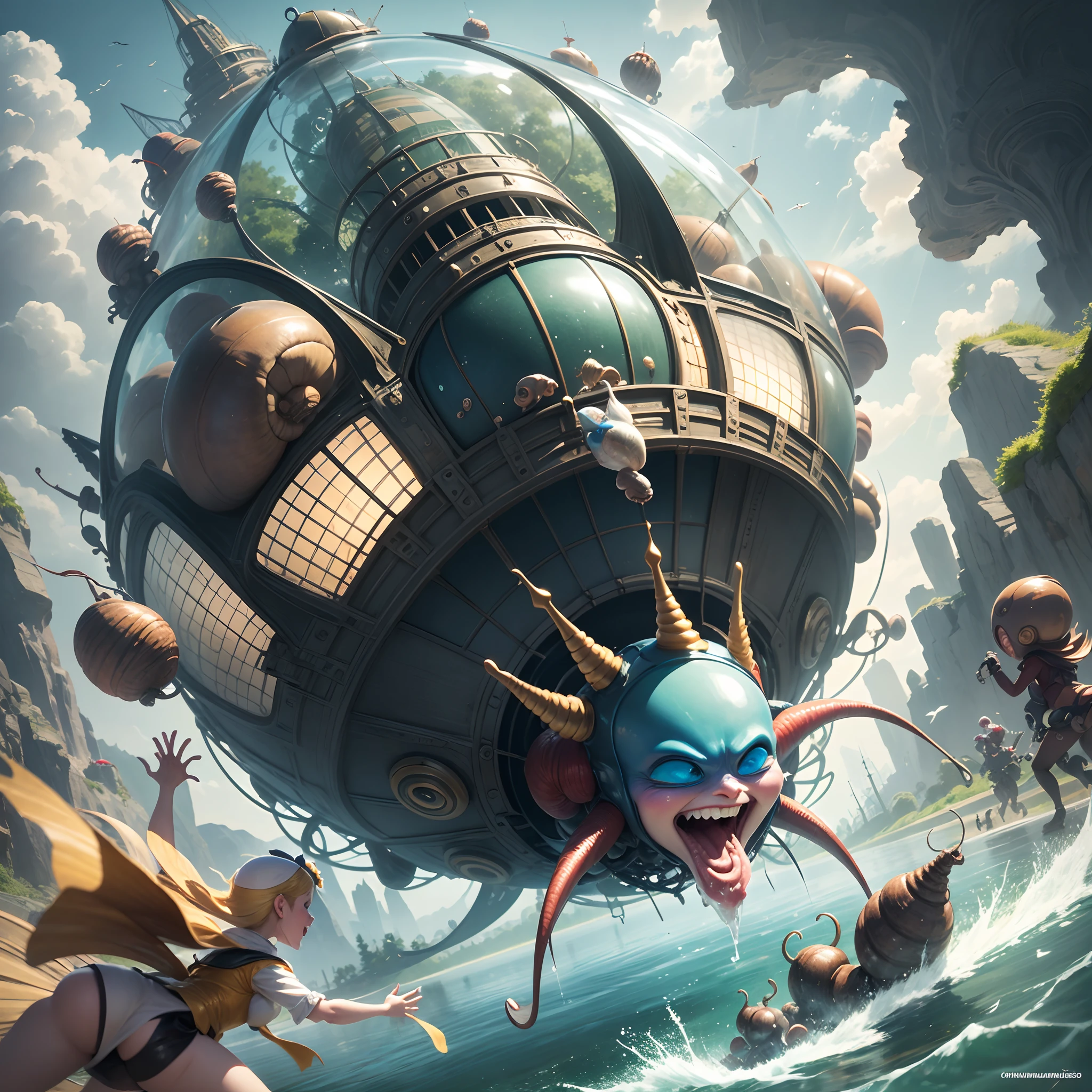 Fantasy world of Hieronymus Bosch with flying friendly huge mechanical snails. Riding a snail beautiful sexy alien girl. Close-up. Flight over the lake. Water splashes, splashes in all directions, laughing merrily. All the characters of the wonderful and funny cartoon Disney Pixar. super realistic. cinematic. Blurred background in motion. light haze --auto --s2