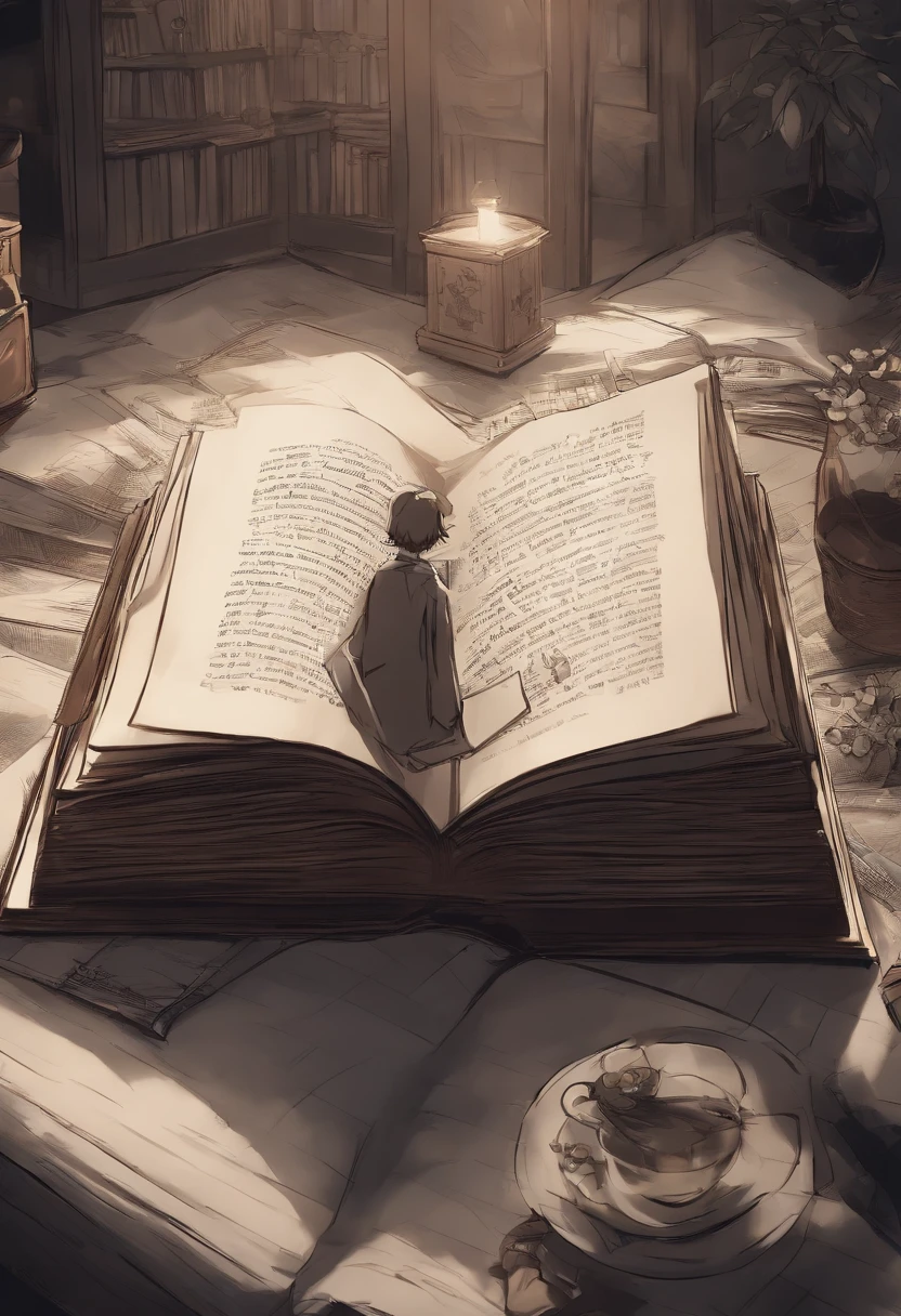 An Open Book and on the pages drawn illustrations of anime characters, First person view