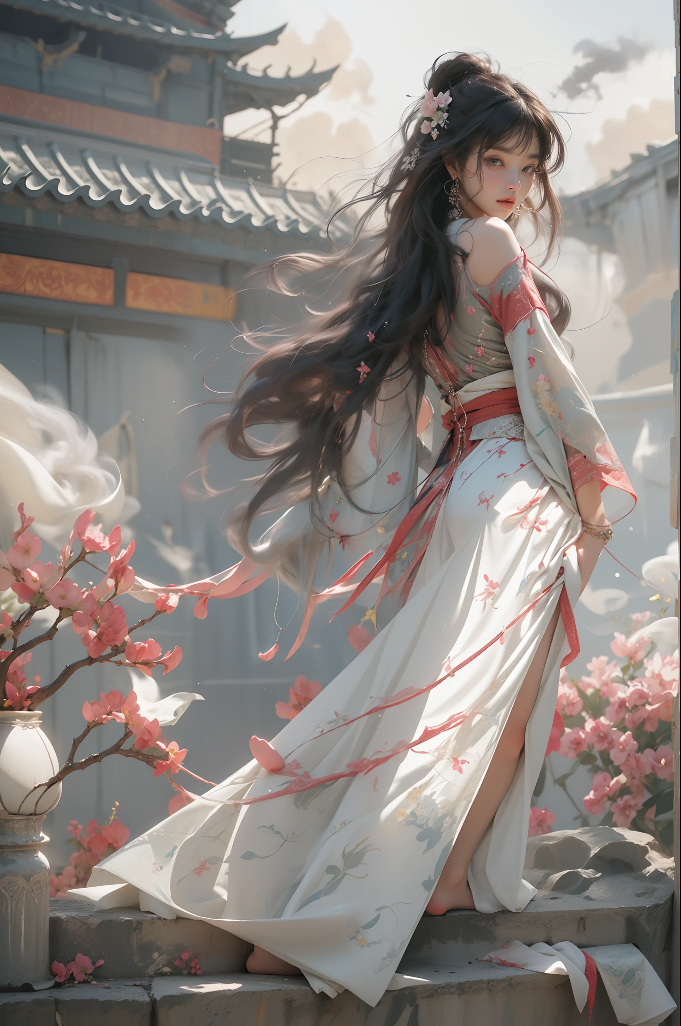 nsfw, zhongfenghua, 1girl, solo, hanfu, ancient_chinese_architecture, flower field, blossom, (white smoke:1.3) (photorealistic:1.4), zentangle, mandala, entangle, official art, unity 8k wallpaper, ultra detailed, beautiful and aesthetic, masterpiece,best quality, (dynamic angle:1.4), glowing skin, (floating colorful sparkles:1) the most beautiful form of chaos, elegant, a brutalist designed, vivid colours, romanticism depth of field exotic_dance, half_naked, NSFW, chiaroscuro, cinematic lighting