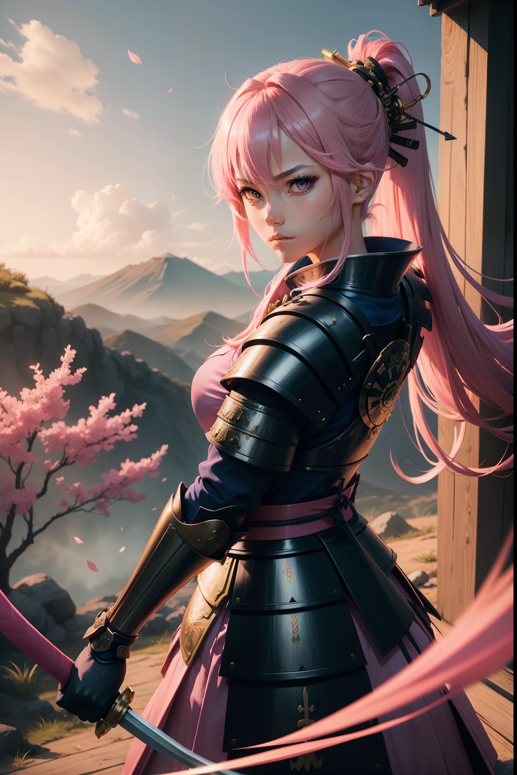 anime style, samurai girl, holding a straight spear, in a battle pose, armored, samurai armor, blue clothing, blue sleeves, golden sash around the waist, pink eyes, straight hair, pink hair, landscape background